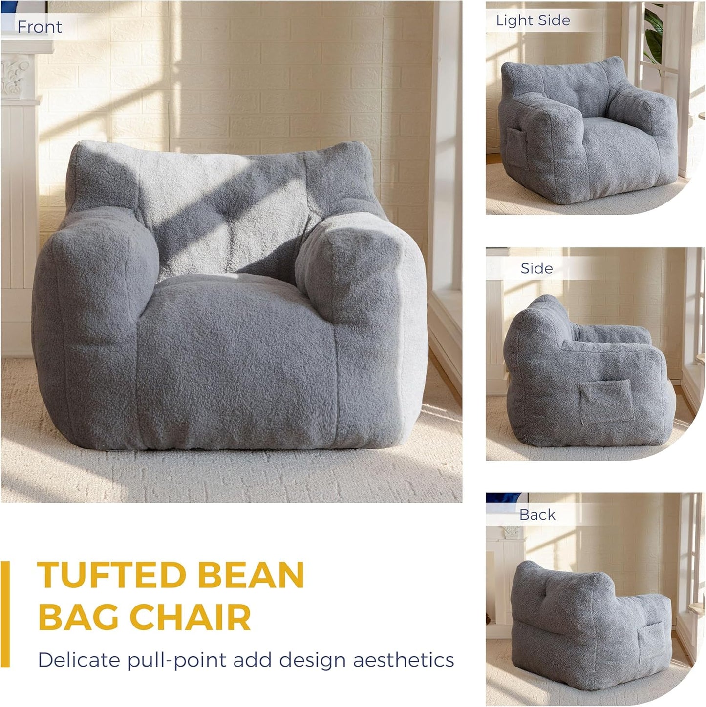 MAXYOYO Bean Bag Chair, Tufted Bean Bag Sofa with Boucle Fabric, Comfy Lazy Chair with Filler, Living Room Sofa for Adults Teens, Accent Couch for Bedroom Dorm, Grey