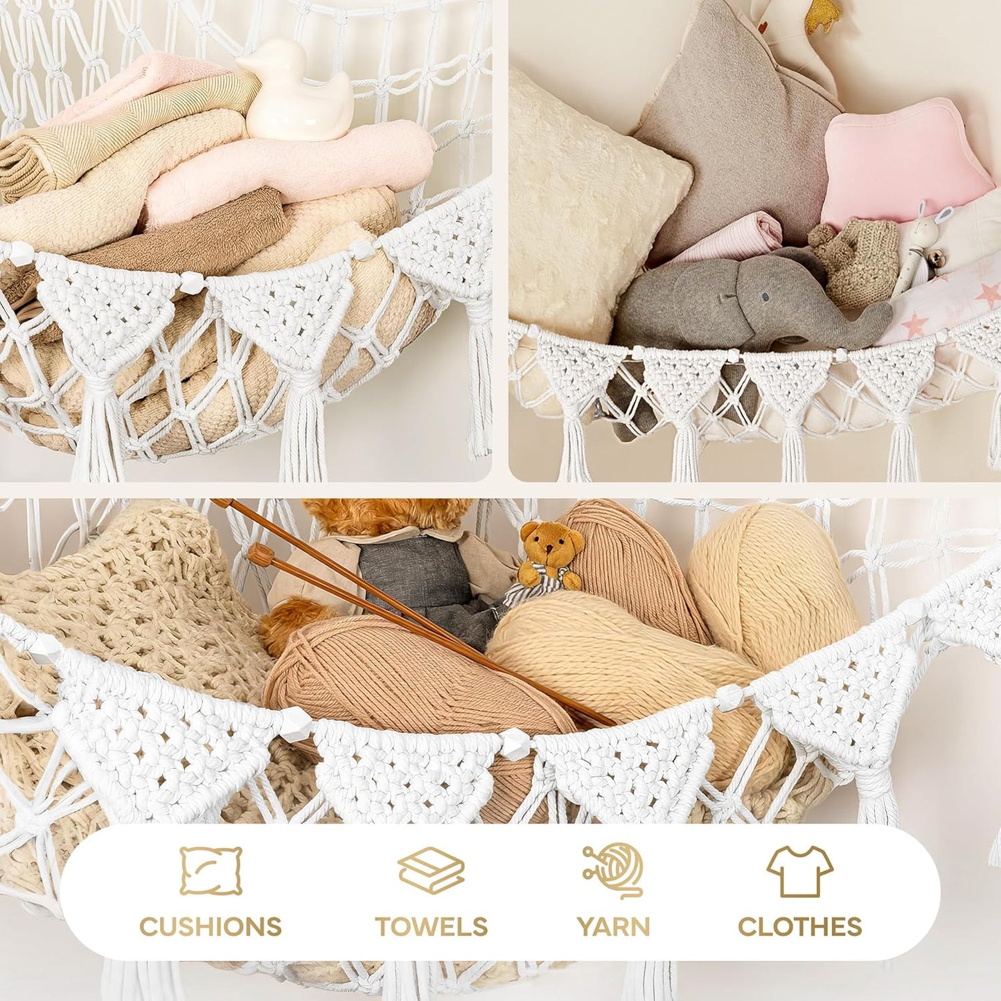 Snow White Macrame DreamLights Boho Stuffed Animal Storage Net (Extra Large) and Hammock for Small Plushies - Pure Cotton