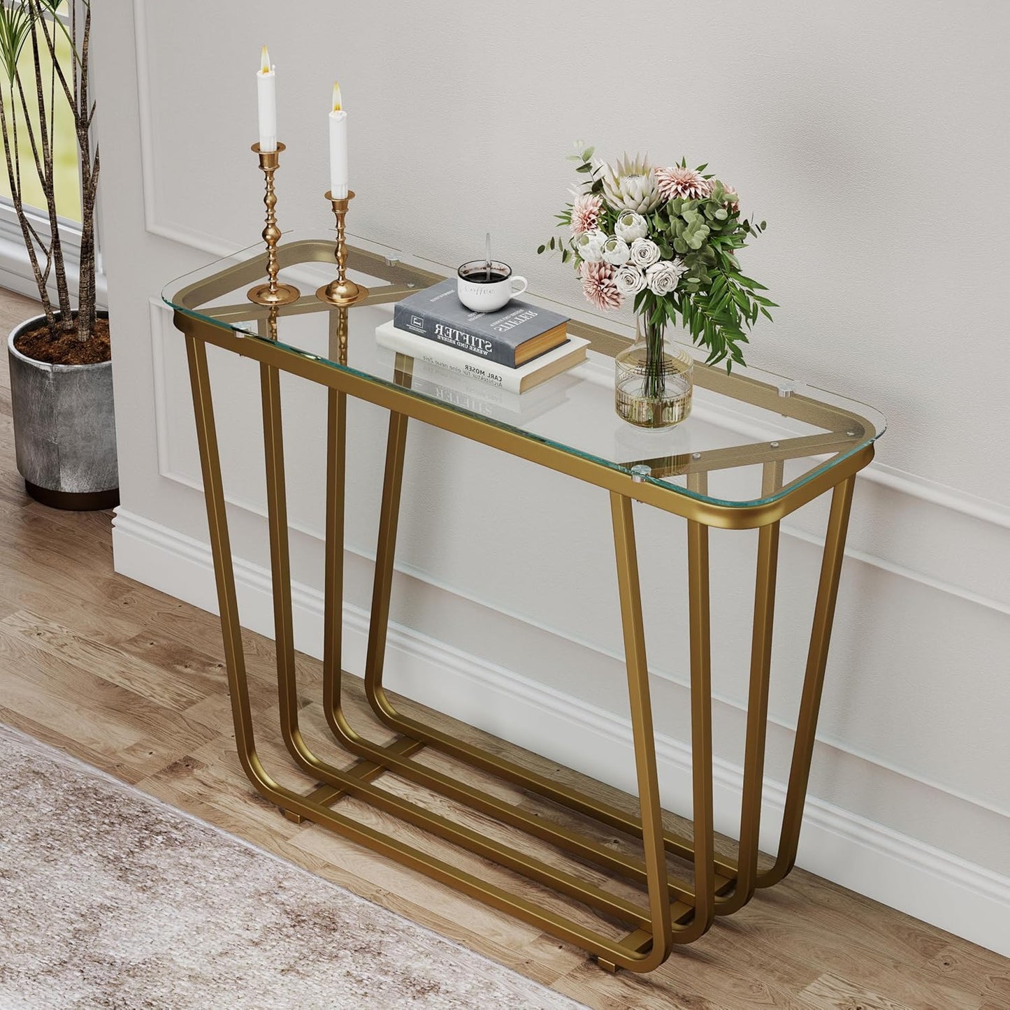 OIOG Glass Console Table for Entryway, Modern Entrance Table with Tempered Glass, Gold Sofa Table for Living Room Hallway