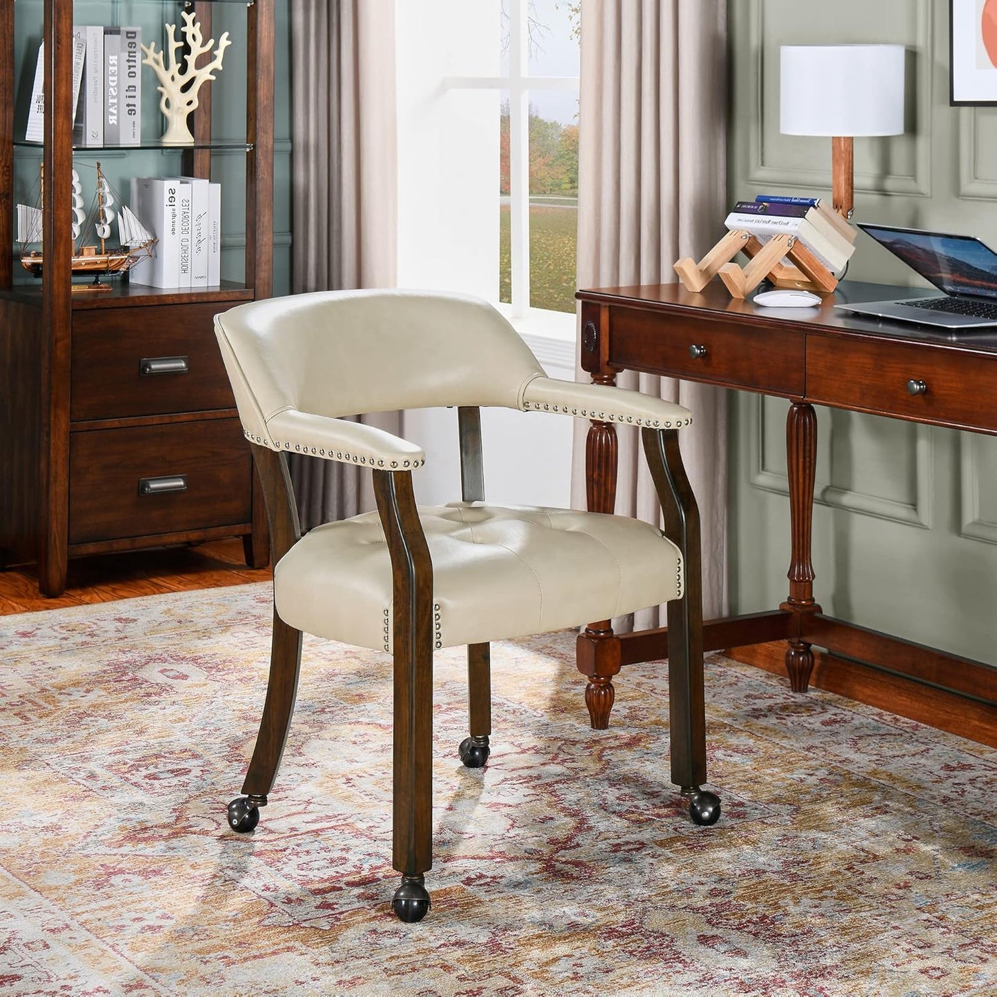 LEEMTORIG Large Dining Chairs with Casters and Arms, Rolling Dining Chairs with Wheels, Solid Wood Office Desk Chairs, 26“Dx25.2 Wx31.5“H, Espresso Legs & Beige PU, XXY-1910-BG