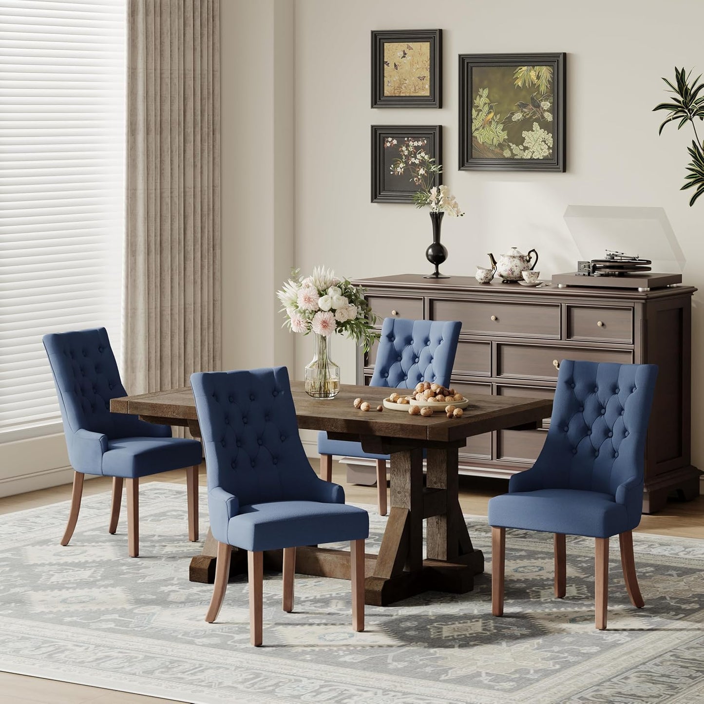 COLAMY Wingback Upholstered Dining Chairs Set of 4, Fabric Dining Room Chairs with Tufted Button, Living Room Chairs for Home Kitchen, Blue