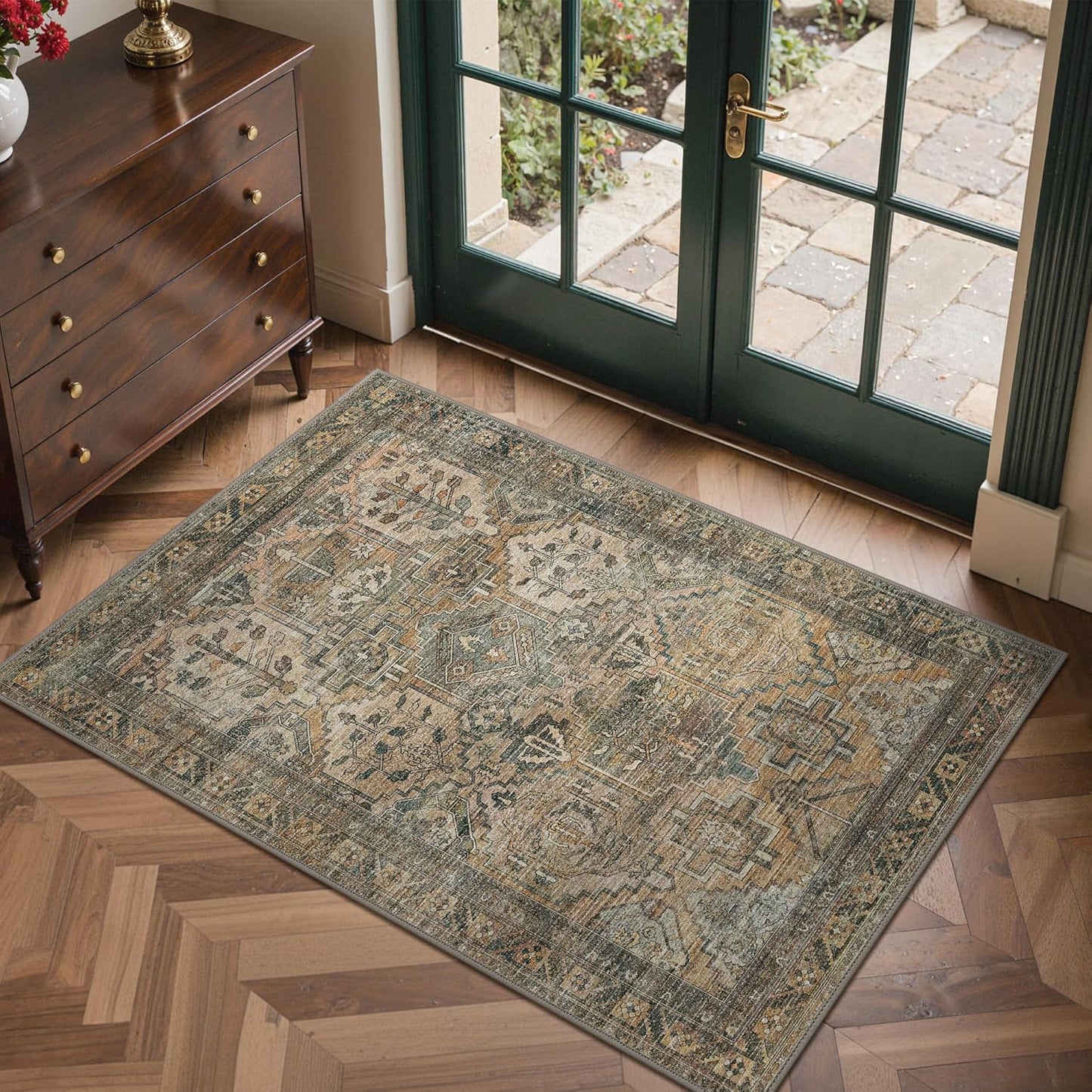 GENIMO 2x3 Area Rugs for Living Room, Machine Washable Non Slip Vintage Rugs, Low Pile Lightweight Chenille Print Rug for Bedroom, Dining Room, Home Office, Warm Taupe