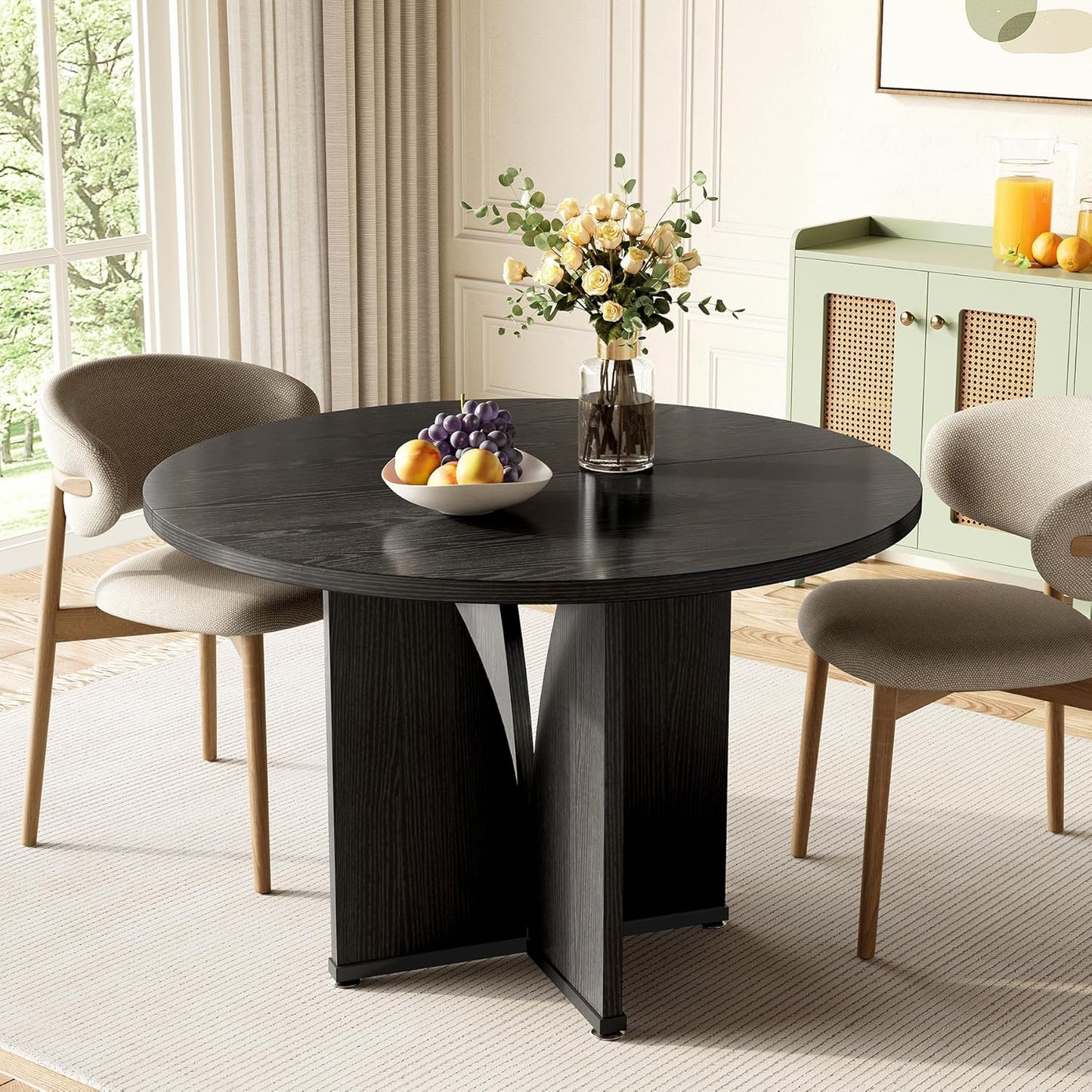 LITTLE TREE 39-Inch Dining Table for 4, Rustic Kitchen Table, Round Dining Table with X-Shaped Stable Pedestal, Farmhouse Dinner Table for Dining Room, Living Room, Black