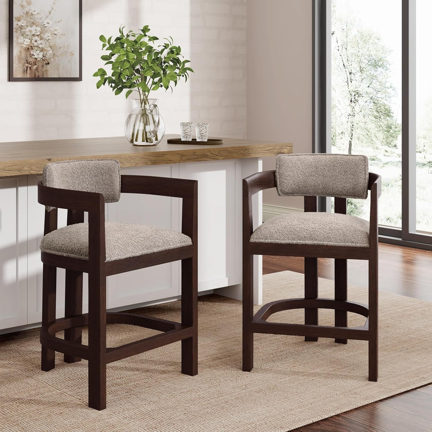 Christopher Knight Home Set of 2 Ryland Modern 26" Counter Height Bar Stools, Fabric Upholstered Counter Stools,Wooden Kitchen Island Armchair with Footrest, Round Backrest, Soft Seating, Espresso