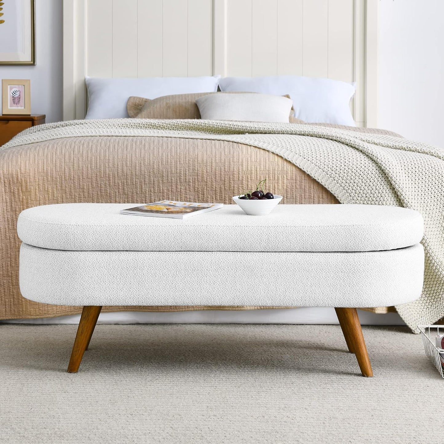 Ottoman Oval Storage Bench with Rubber Wood Legs,Linen Fabric Storage Footstool,for Bedroom, Entryway, Living Room, White(43.5"x16"x16")