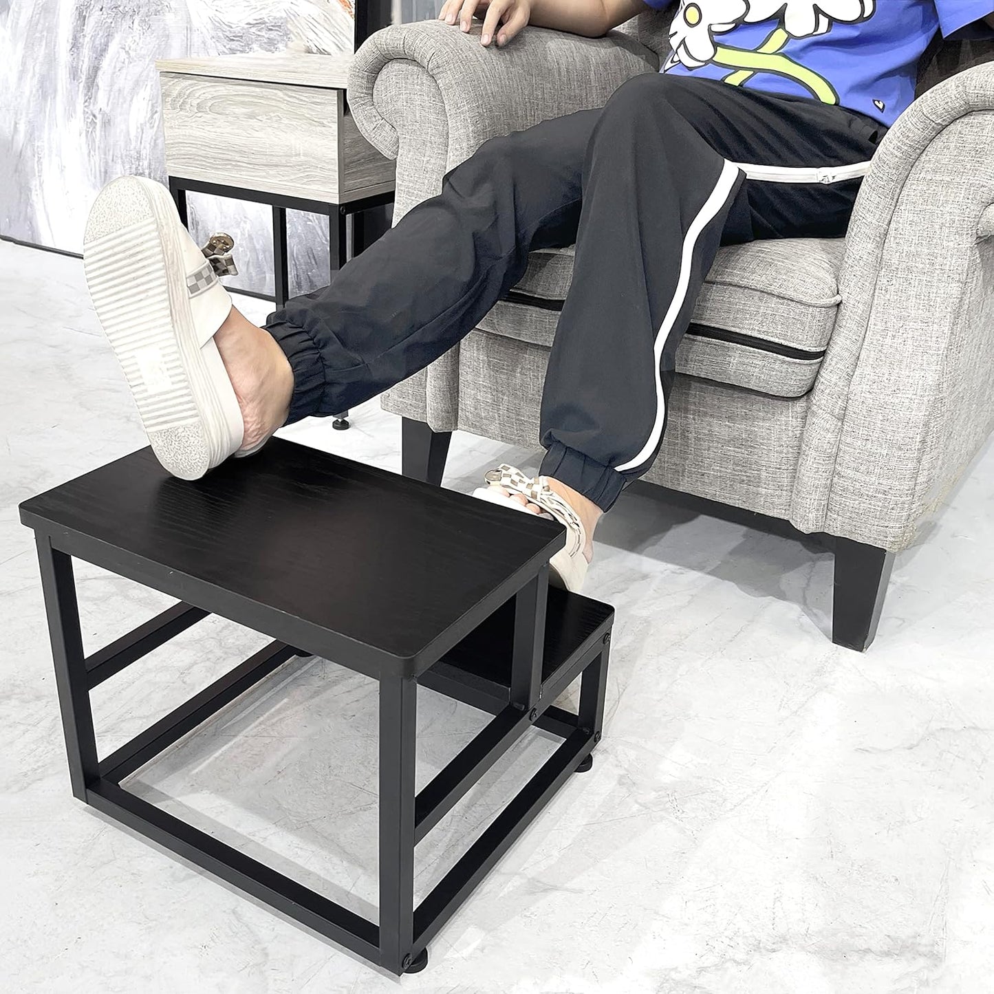 Step Stool, Bedside Steps for High Beds with Round Corners, 2 Steps Footstool for Adults, Metal and Wood Stepping Stool for Kitchen Bedroom, Load 500 LB, Black