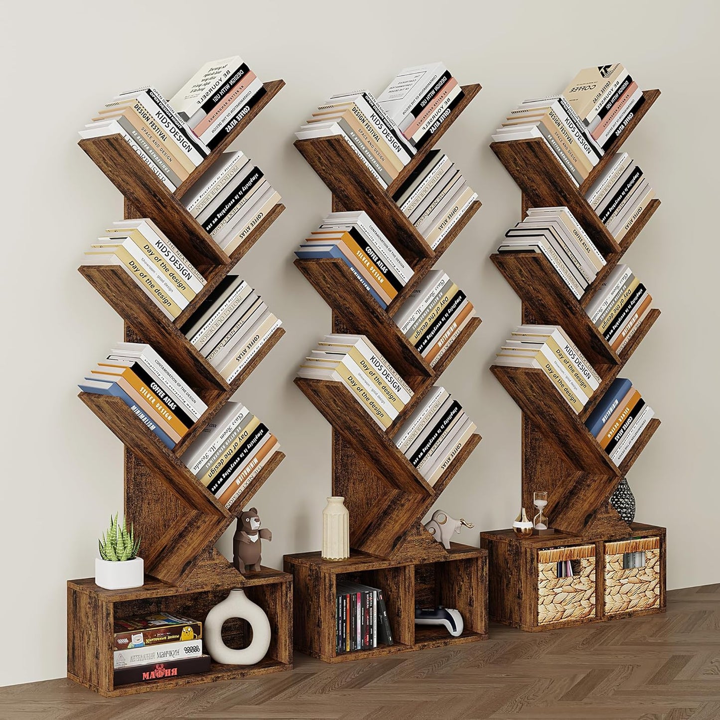 Vagusicc 6 Tier Tree Bookshelf, Small Bookcase with Storage Cabinet, Modern Tall Narrow Bookshelves Organizer, Floor Standing Book Shelf for Bedroom/Living Room/Home Office/Corner, Rustic Brown