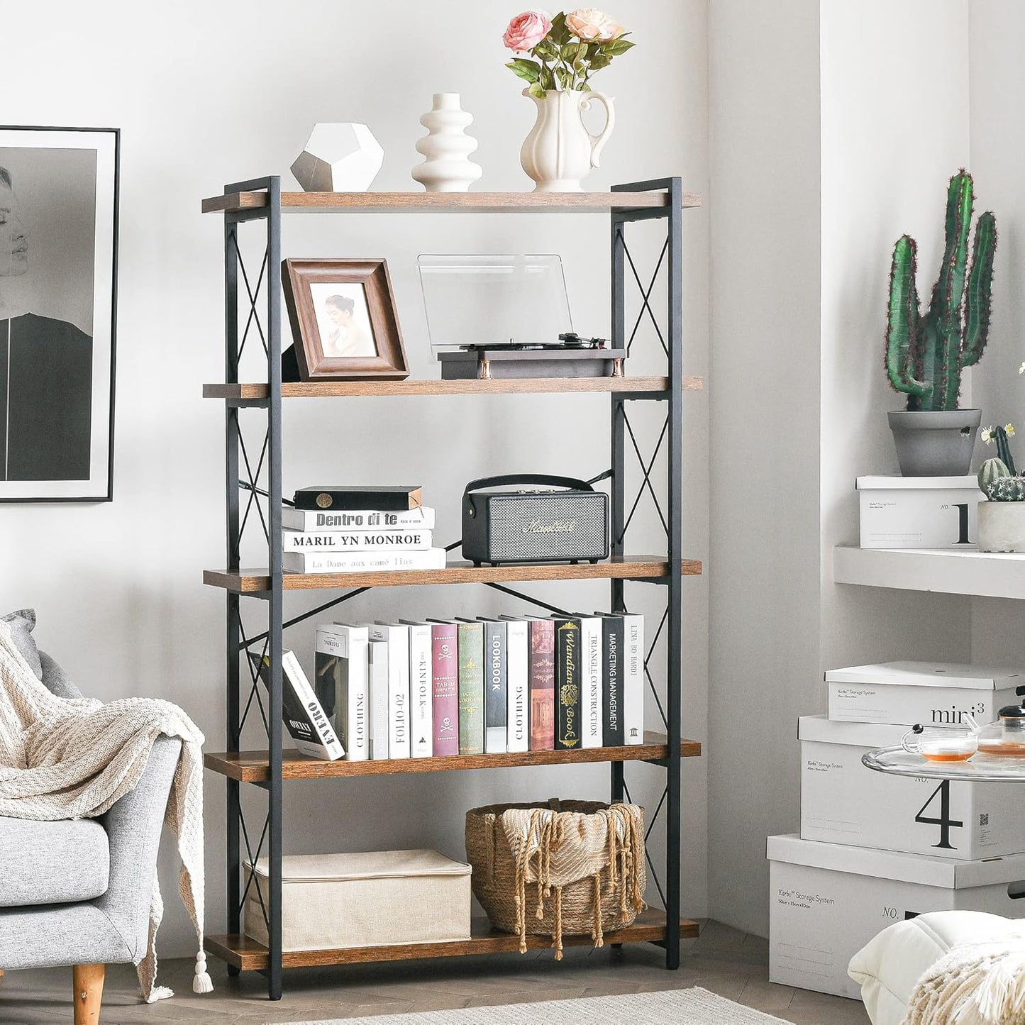 HCHQHS Bookshelf, 5-Tier Industrial Bookcase, Rustic Open Book Shelf, Freestanding Tall Bookshelves with Metal Frame