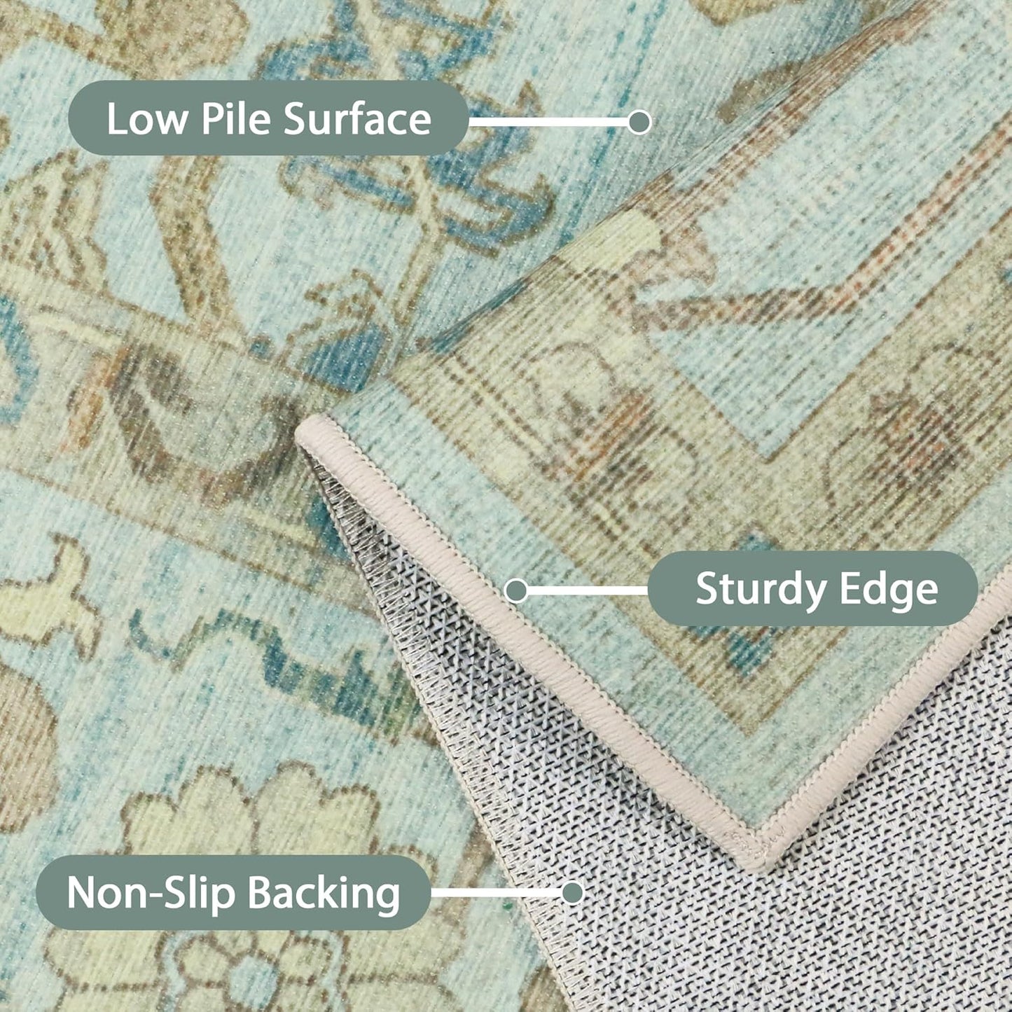 8X10 Area Rugs Machine Washable Runner Rugs for Living Room Bedroom Hallway, Non Slip Indoor Soft Accent Distressed Boho Vintage Print Lightweight Thin Low Pile Carpet, Misty Blue