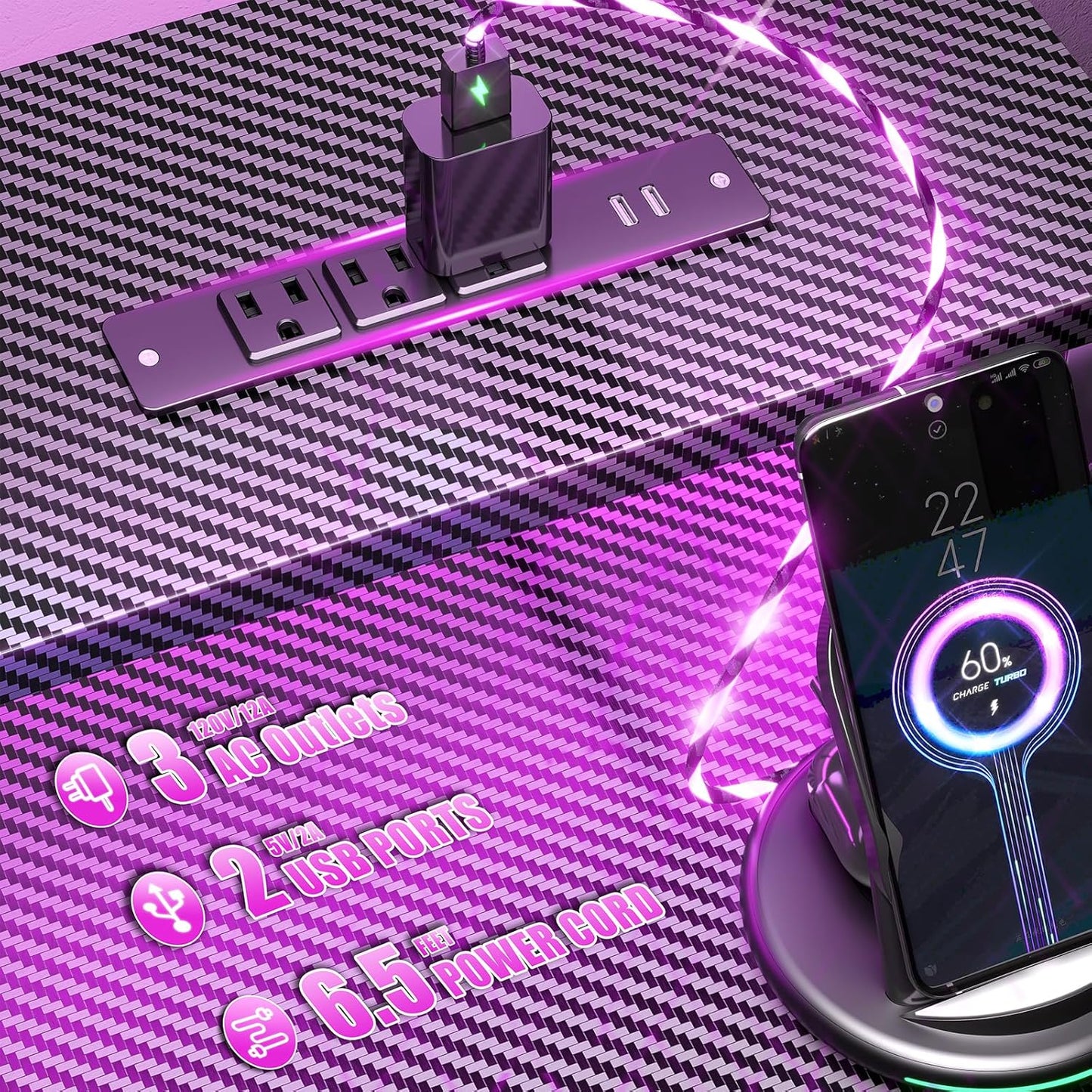 55 Inch Computer Gaming Desk with Power Outlets LED Lights, Reversible Home Office with Adjustable Fabric Storage Drawers for Working Writing Study,Carbon Fiber Black