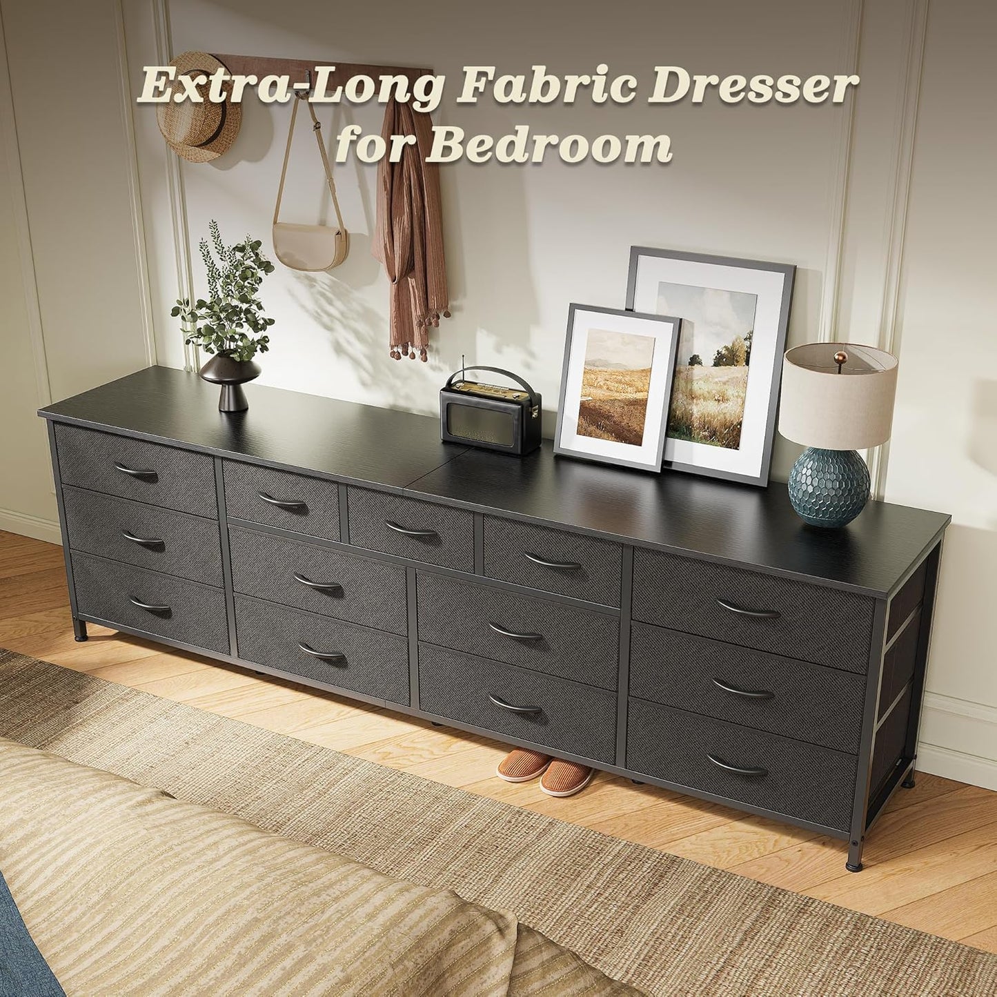 Huuger 70 Inch Black Dresser for Bedroom, TV Stand for 65, 75, 80 Inch TV, 13 Fabric Drawer Long Dresser, Wide Chest of Drawer, Storage Units for Bedroom