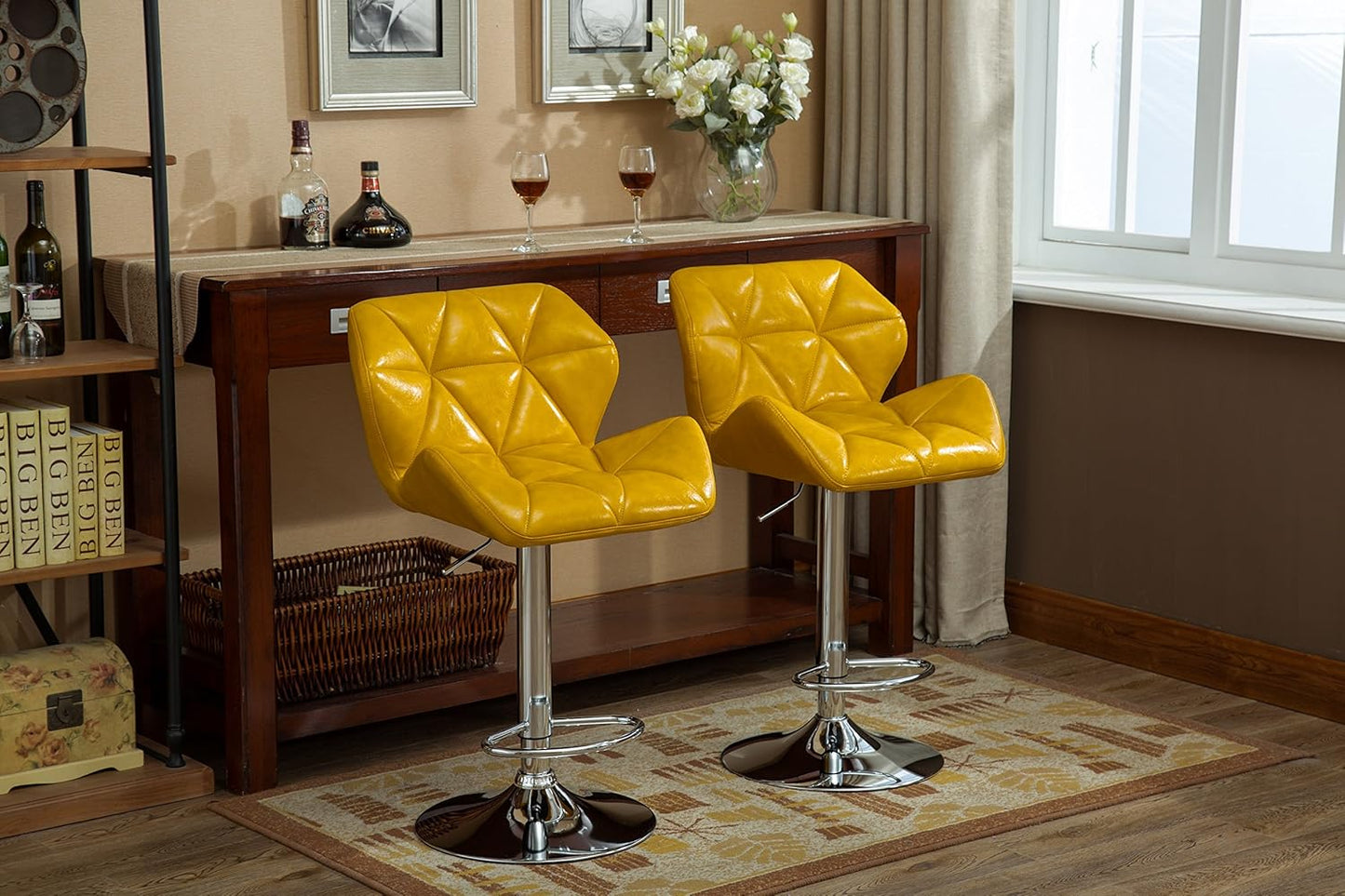 Roundhill Furniture Glasgow Contemporary Tufted Adjustable Height Hydraulic Yellow Bar Stools, Set of 2,