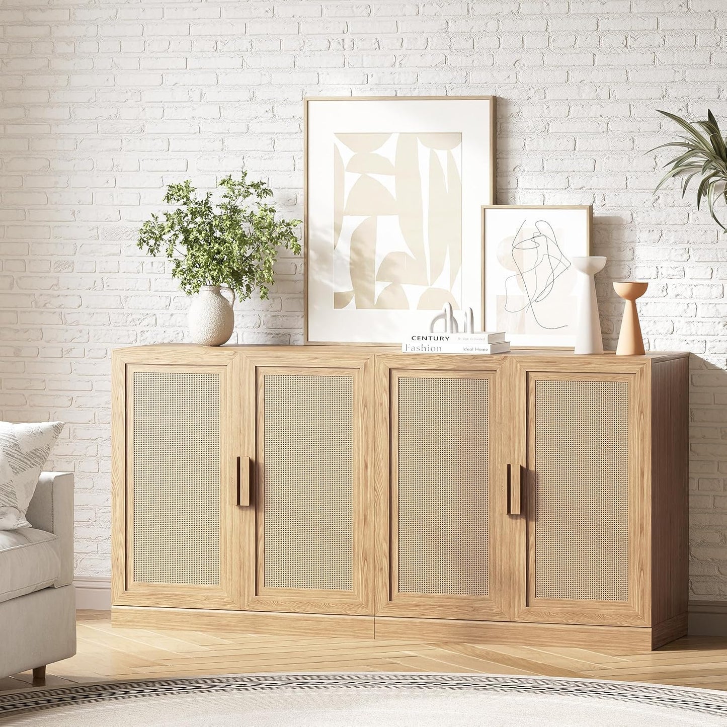 Buffet Cabinet, 4-Doors Sideboard Cabinet with Rattan Panels, Buffet Console Accent Table for Hallway Entryway Dining Room, 62", Oak