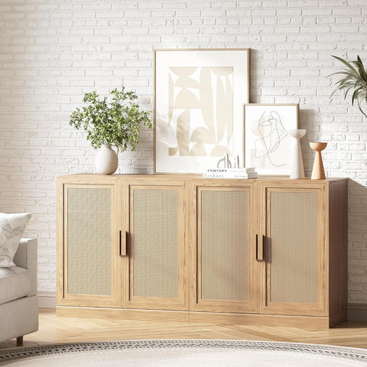 Buffet Cabinet, 4-Doors Sideboard Cabinet with Rattan Panels, Buffet Console Accent Table for Hallway Entryway Dining Room, 62", Oak