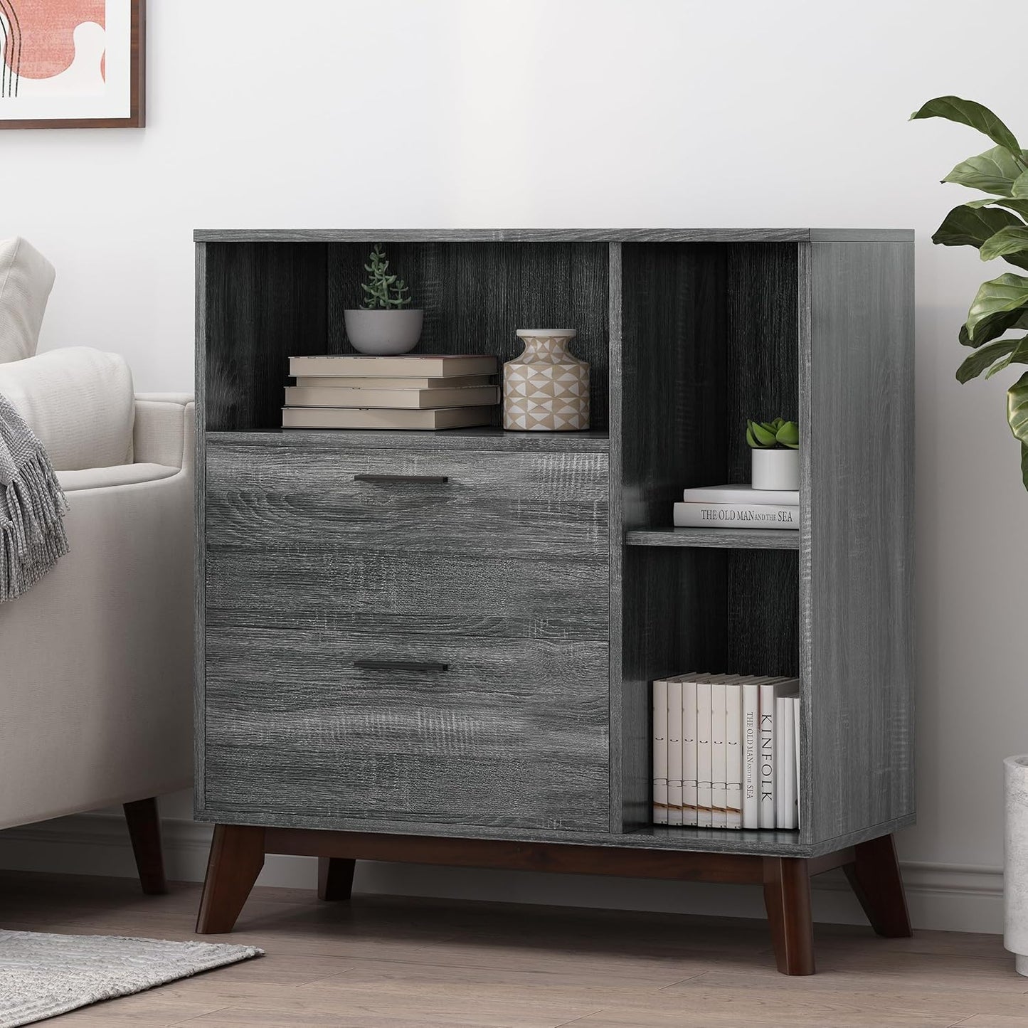 Merax Sideboard Buffet Accent Storage Cabinet with Two Drawers for Living Room, Entryway, Kitchen or Hallway, Grey