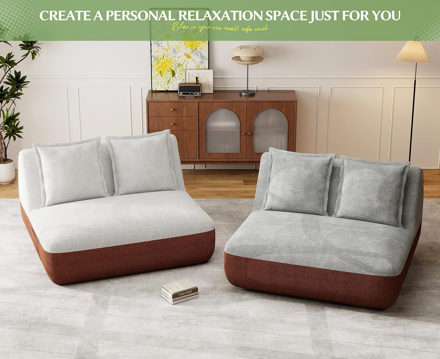 Hobestluk Small Sofa Couch Lounge Sofa Chair for Living Room, Comfy Memory Foam Couch, Mini Sofa with Side Pocket for Living Room, Bedroom (Terracotta+Beige)