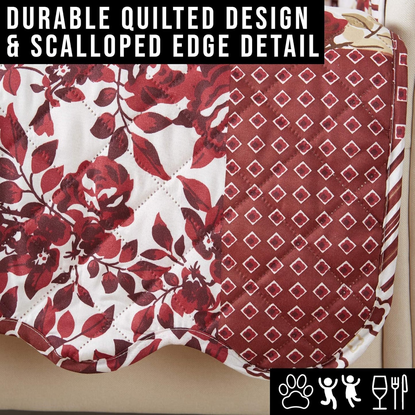 Great Bay Home Patchwork Scalloped Printed Furniture Protector Stain Resistant Chair Cover (Chair, Burgundy)