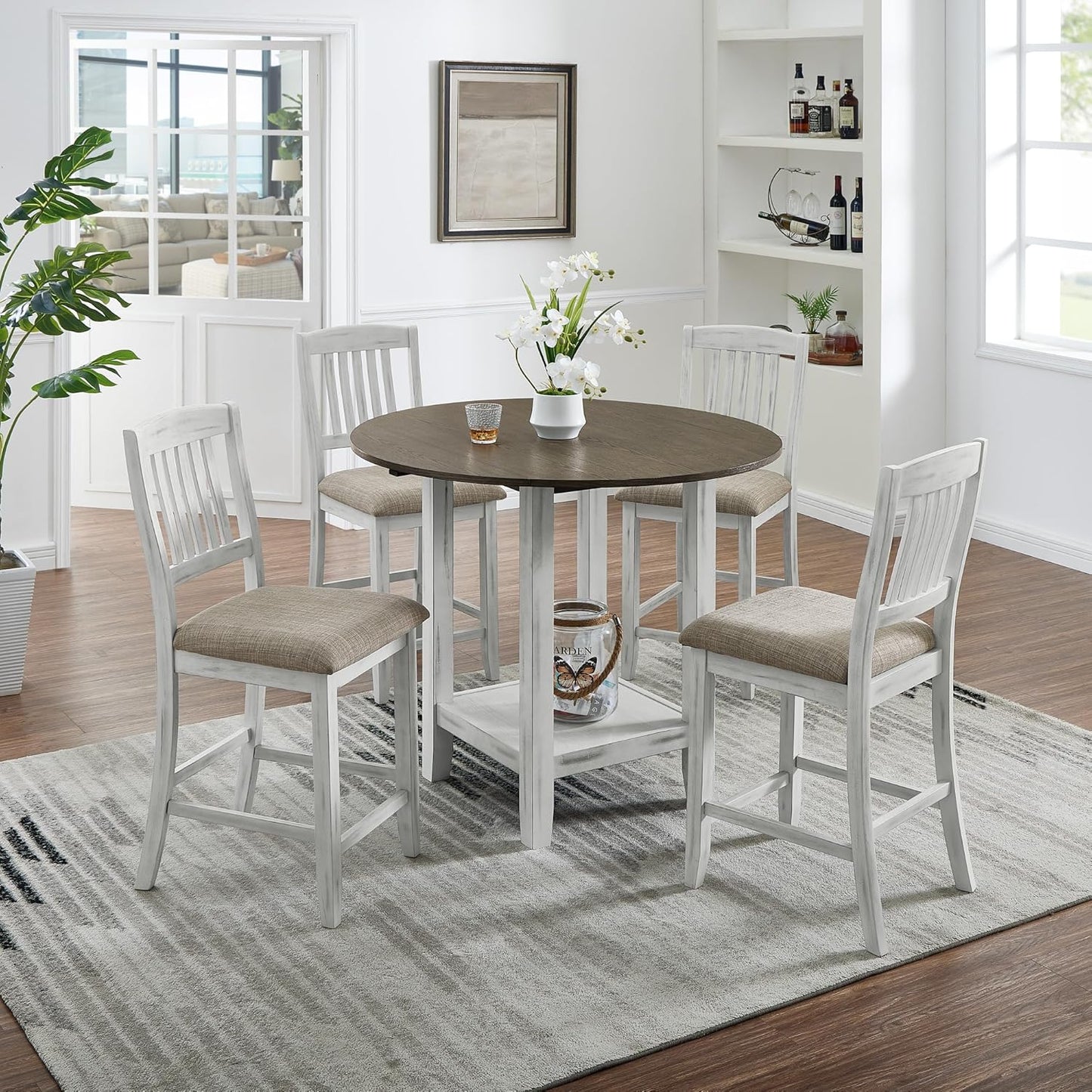 Ball & Cast 5 Pieces Dining Table Set with 4 Chairs and 42" Round Drop Leaf Dining Table,Kitchen Table and Chairs for 4 W/Trestle Table Base,for Small Space,Apartment,Dining Room,Brown White