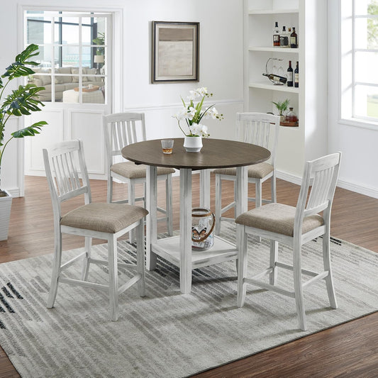 Ball & Cast 5 Pieces Dining Table Set with 4 Chairs and 42" Round Drop Leaf Dining Table,Kitchen Table and Chairs for 4 W/Trestle Table Base,for Small Space,Apartment,Dining Room,Brown White