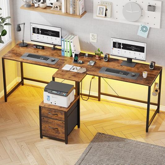 T-Shaped 2 Person Desk with Power Outlet, Long Two Person Gaming Table with LED & Fabric Drawers, 81.2'' Computer Desks with File Cabinet, Double Workstation for Home Office, Rustic Brown