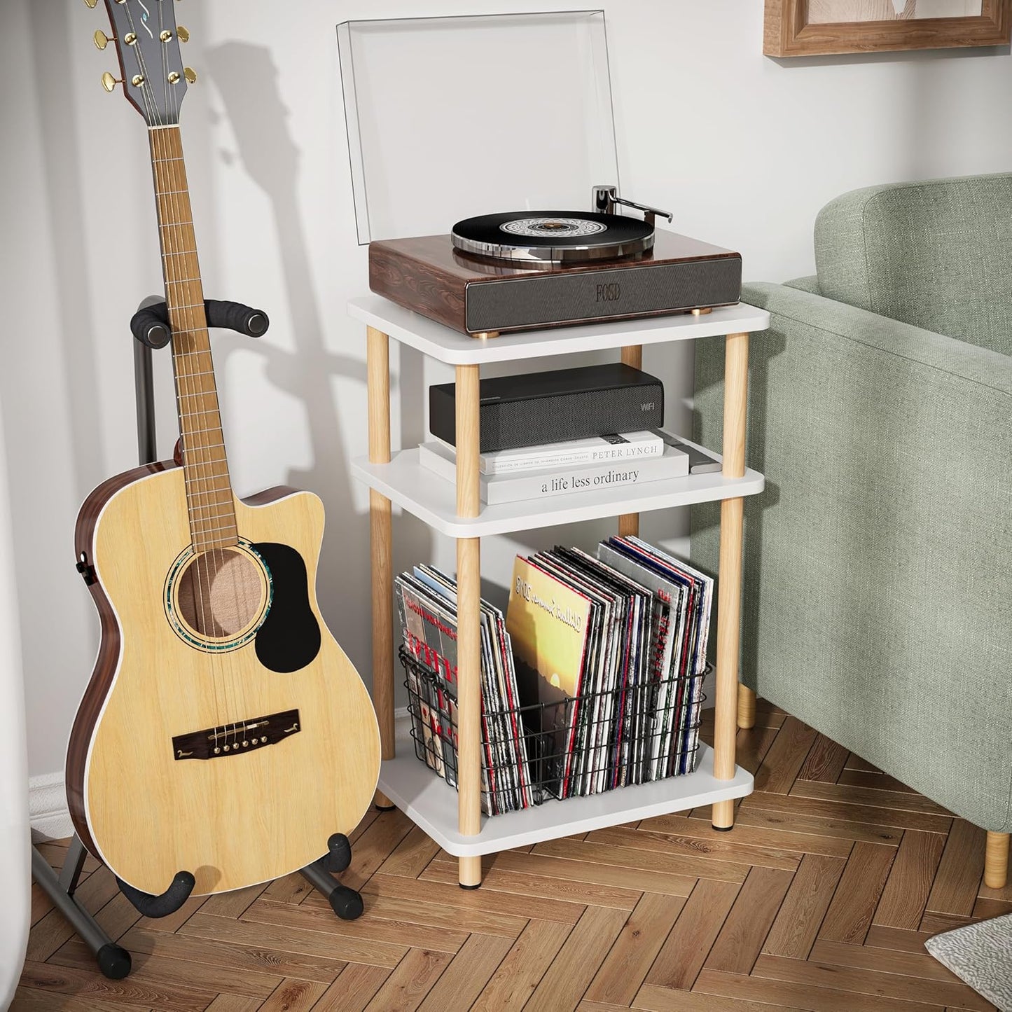 Apicizon 3 Tier Nightstand, End Table with Storage Shelf, Wooden Vinyl Record, Farmhouse Bedside Table for Small Spaces, Bedroom, Living Room, Easy Assembly, White+Natural