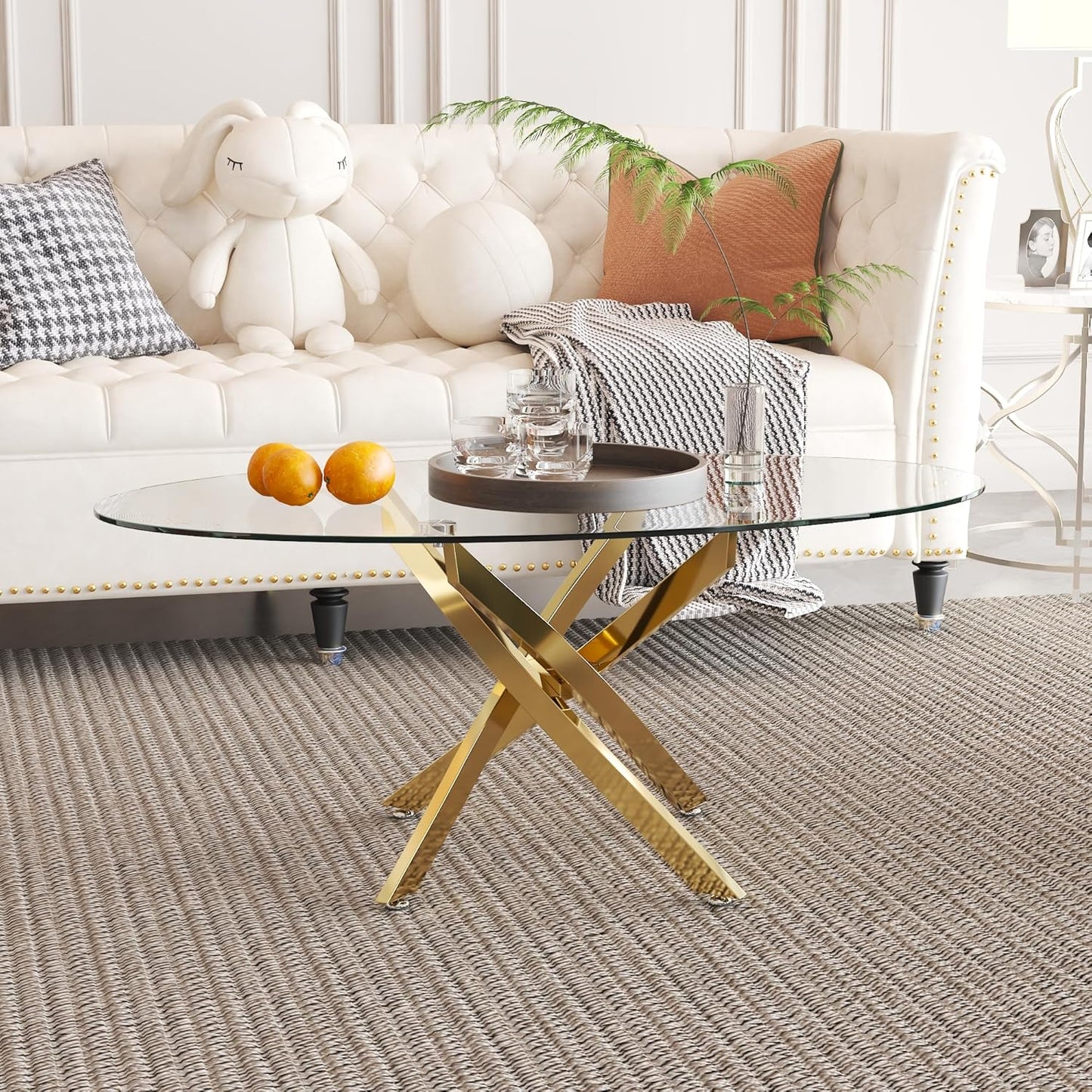 Glass Coffee Table with Chromed Legs, Oval Modern Living Room Center Table for Home Office Living Room (Gold)