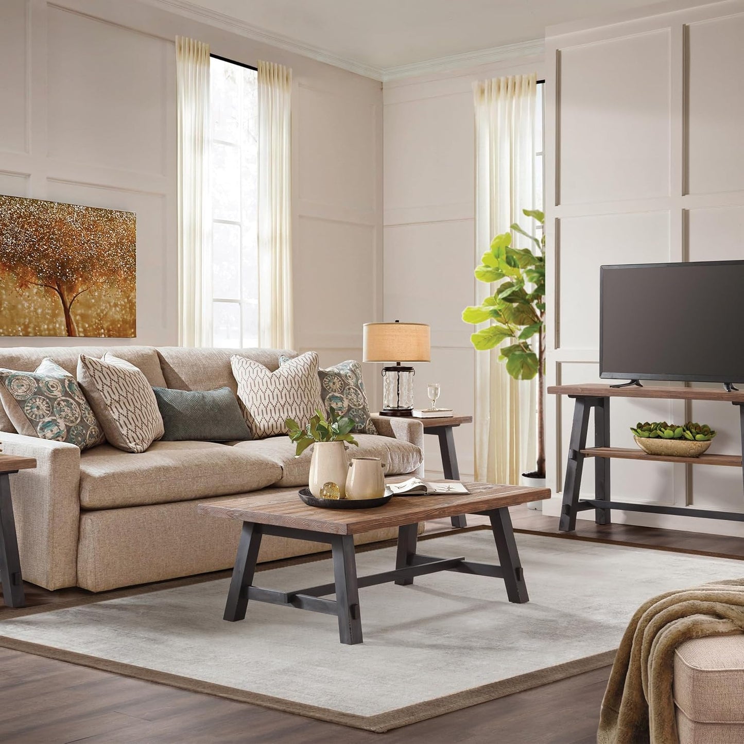 Alaterre Furniture Adam 48-Inch Solid Wood Coffee Table - Easy Assembly Rustic Industrial Design Accent Table with Natural Wood Grain for Living Room