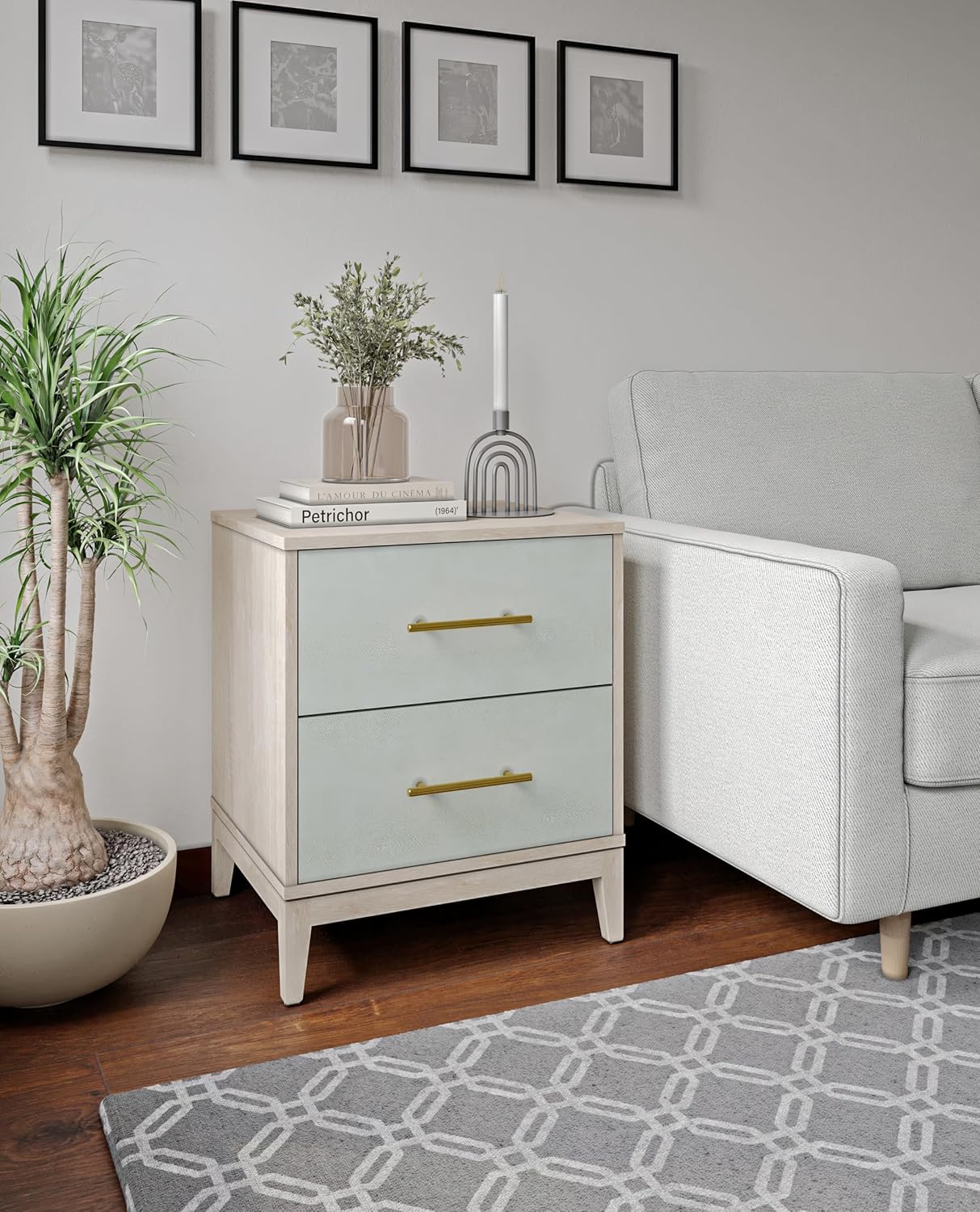 Sango Shagreen 2-Drawer Nightstand, Modern Natural Wood Bedside Table with Gray Faux Shagreen Drawer Fronts, Brass Handles, Sturdy Legs, Elegant Storage for Contemporary & Luxury Homes