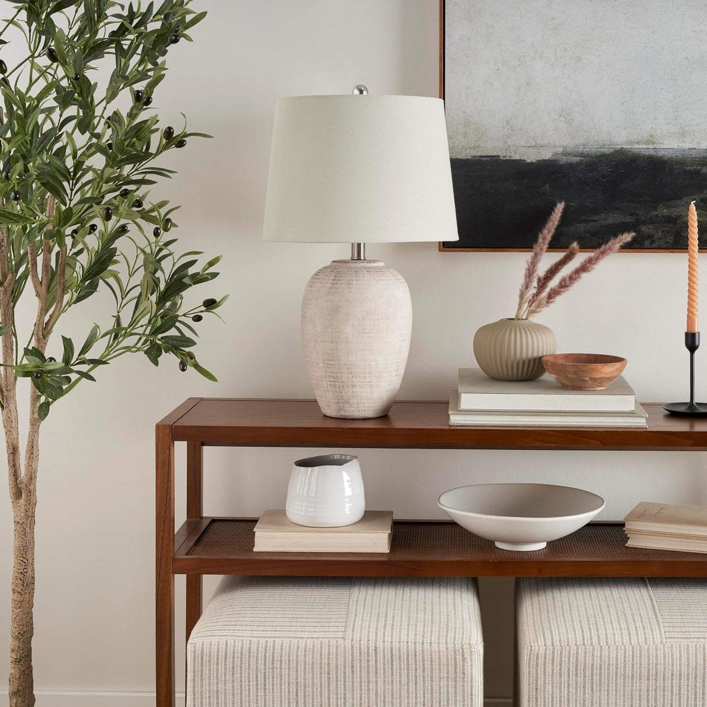 Nourison Home 23" Distressed Cream/Beige Rustic Ceramic Jar Table Lamp for Bedroom, Living Room, Dining Office, with Ivory Shade