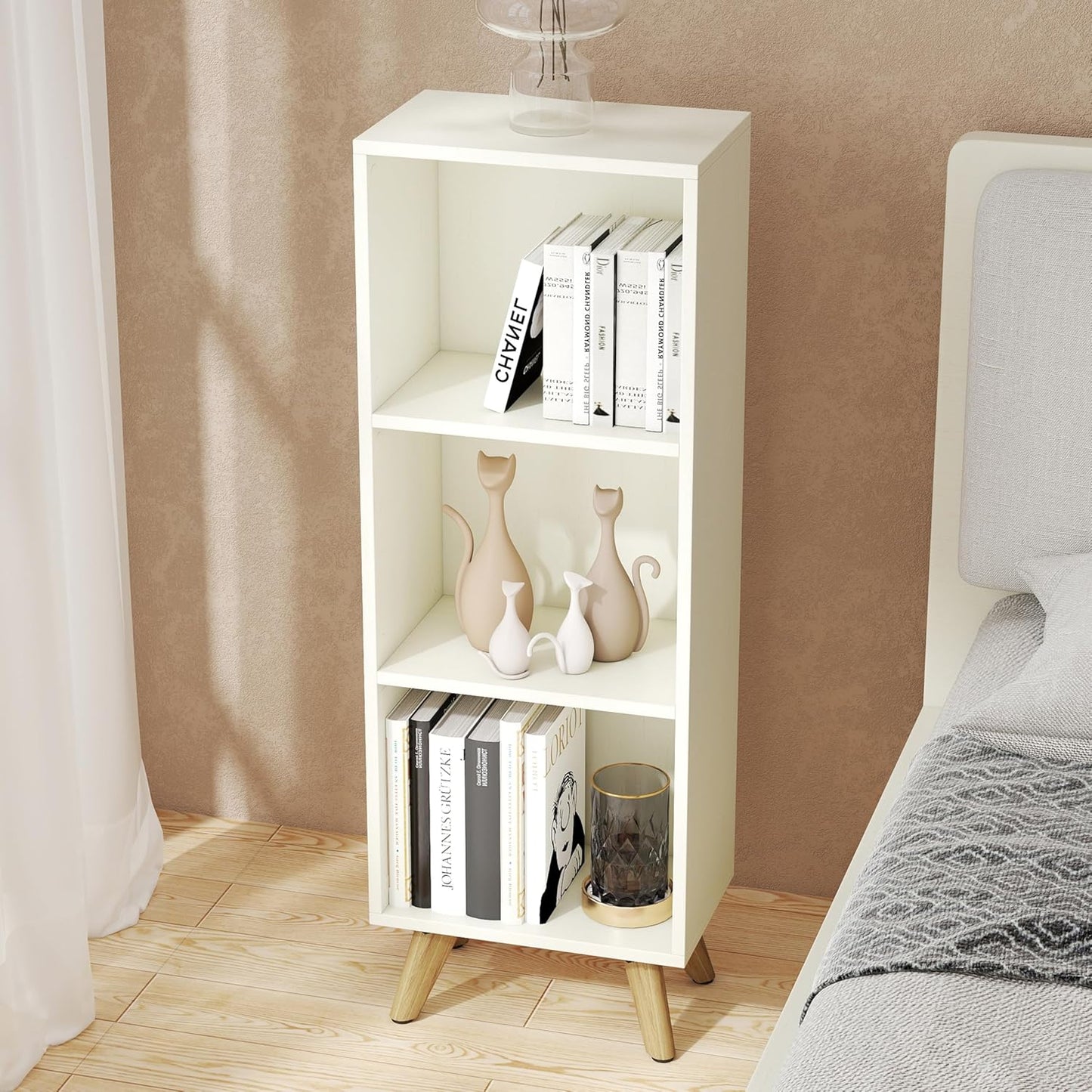 Manora Small Bookcase with 3 Open Shelves, Modern White Bookshelf with Wooden Legs, Narrow Storage Organizer for Living Room, Bedroom, Office