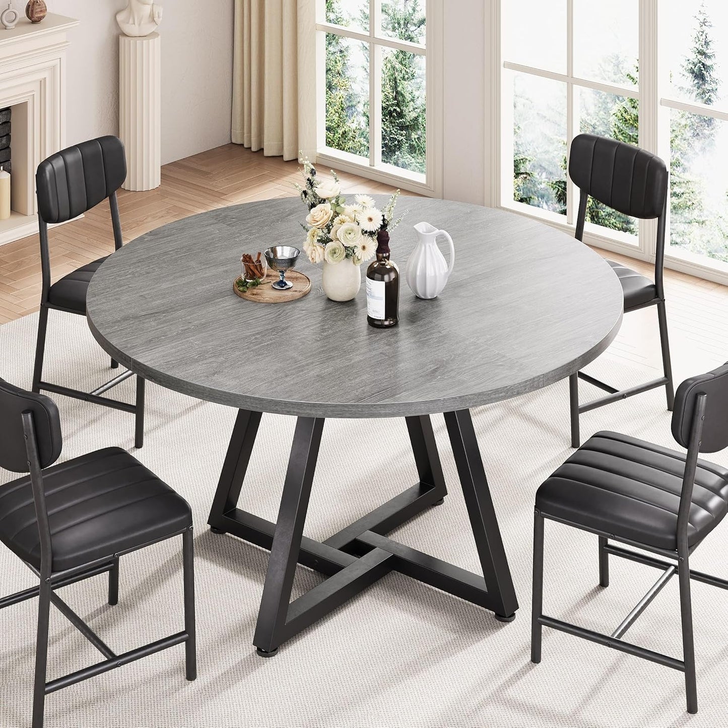 51“ Round Kitchen Dining Room Table for 6-8, Circle Dining Dinner Table with Pedestal Metal Frame, Space Saving Wood Industrial Furniture for Small Space (Grey, 51In)