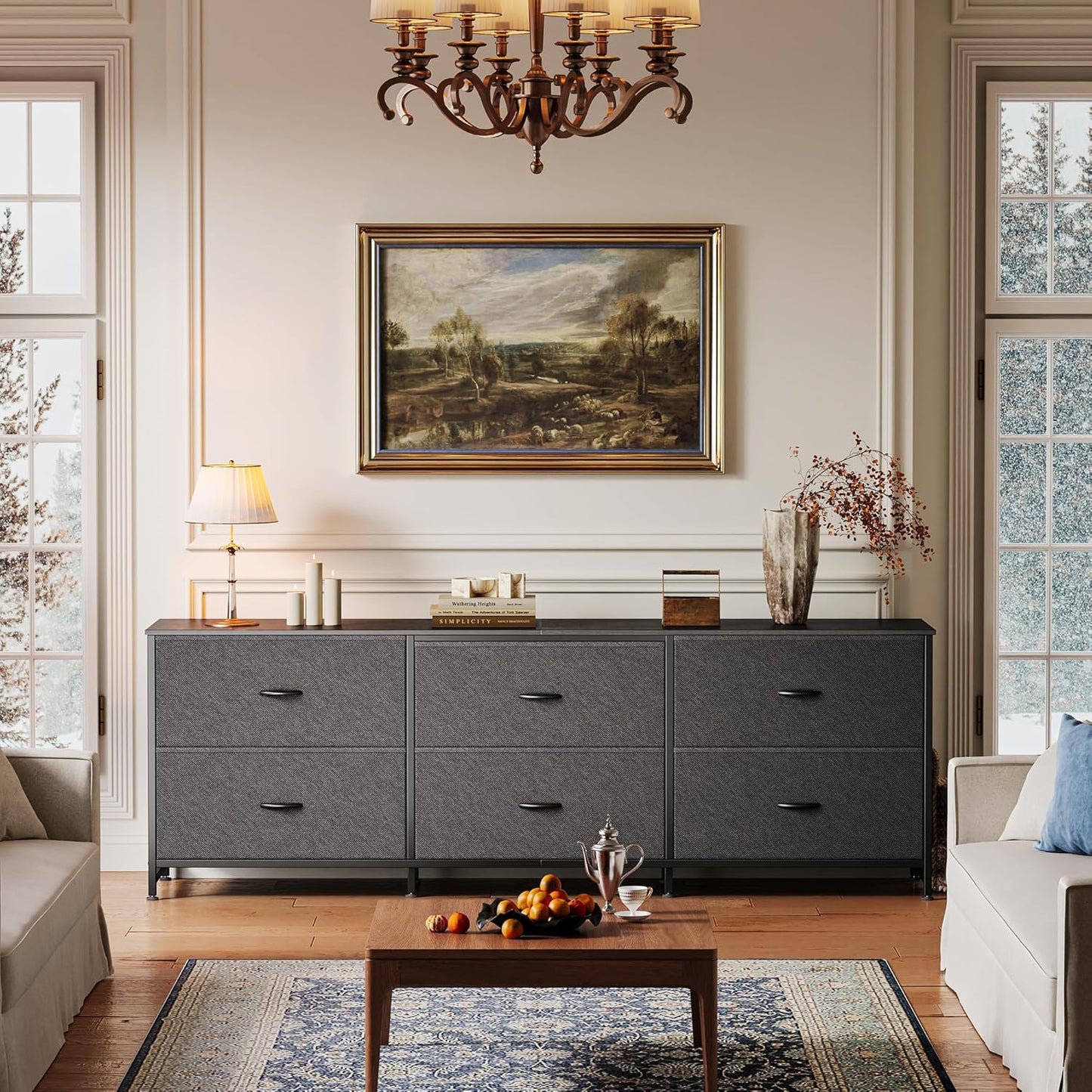 Huuger 63 Inch Long Dresser for Bedroom, Wide TV Stand for 55, 65, 70 Inch TV, 6 Drawer Dresser for Closet with Fabric Drawers, Storage Organizer for Bedroom, Entryway, Black