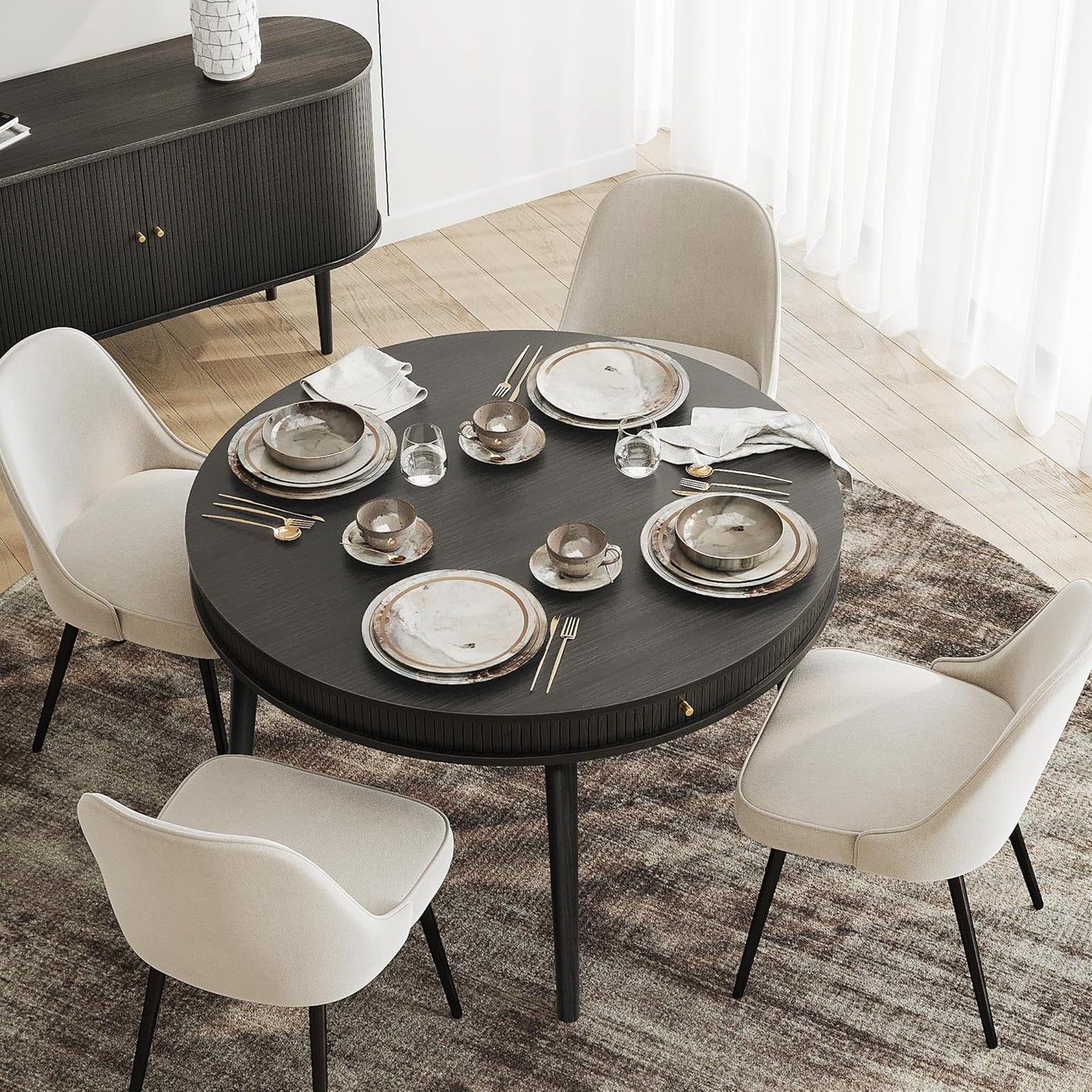 WERMO 47'' Black Round Dining Table for 4 People - Pre Assembled Black Round Kitchen Table with 2 Hidden Storages (Black Oak)