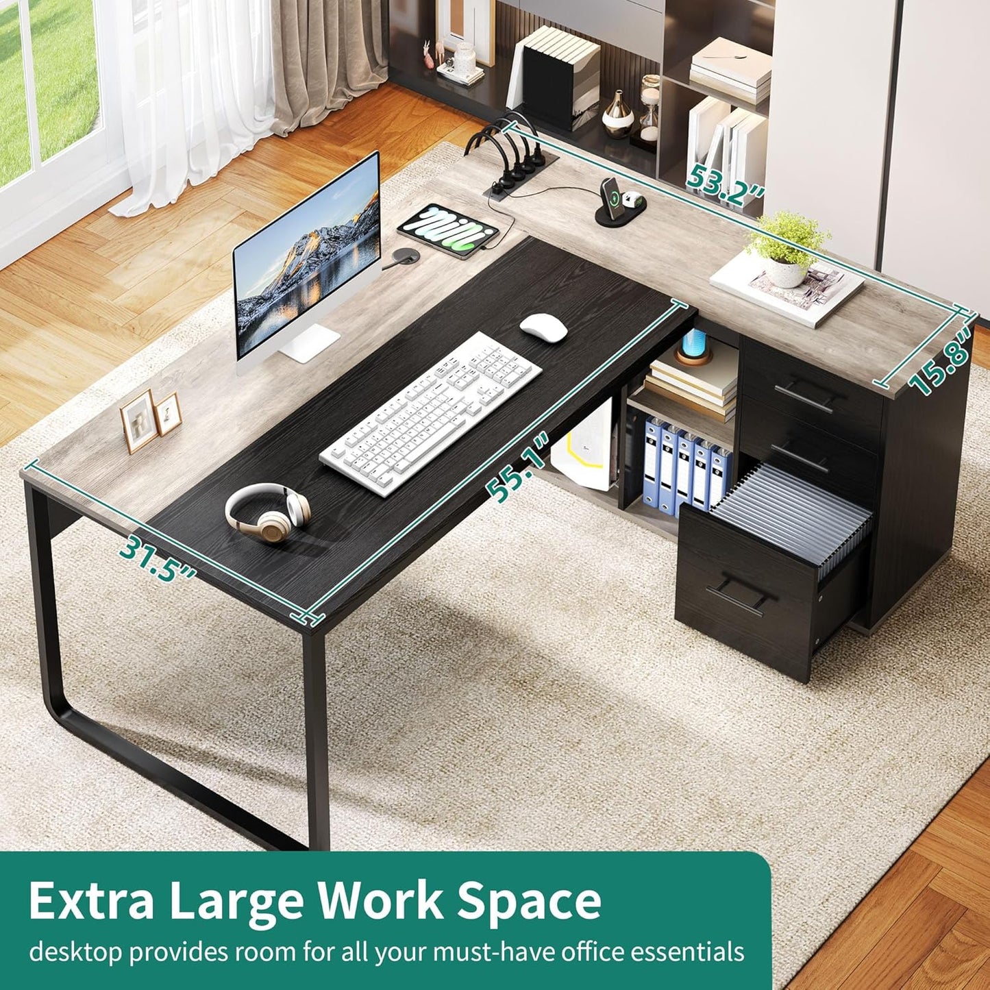 YITAHOME Executive Desk with Power Outlets, 71" L Shaped Desk with File Cabinet, Executive Desk with Drawers & Storage Shelves, Corner Office Desk with Bookshelf for Home Office, Grey & Black