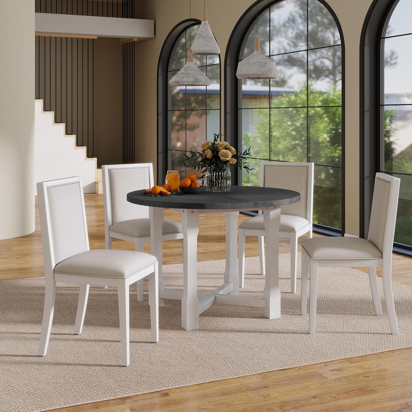 Ball & Cast 5 Pieces Dining Table Set with 4 Upholstered Chairs,Farmhouse Wooden Living Room Furniture for 4 W/ 57.7" Extendable Dining Table,for Dining Room,Bistro,Apartment,Grey+White