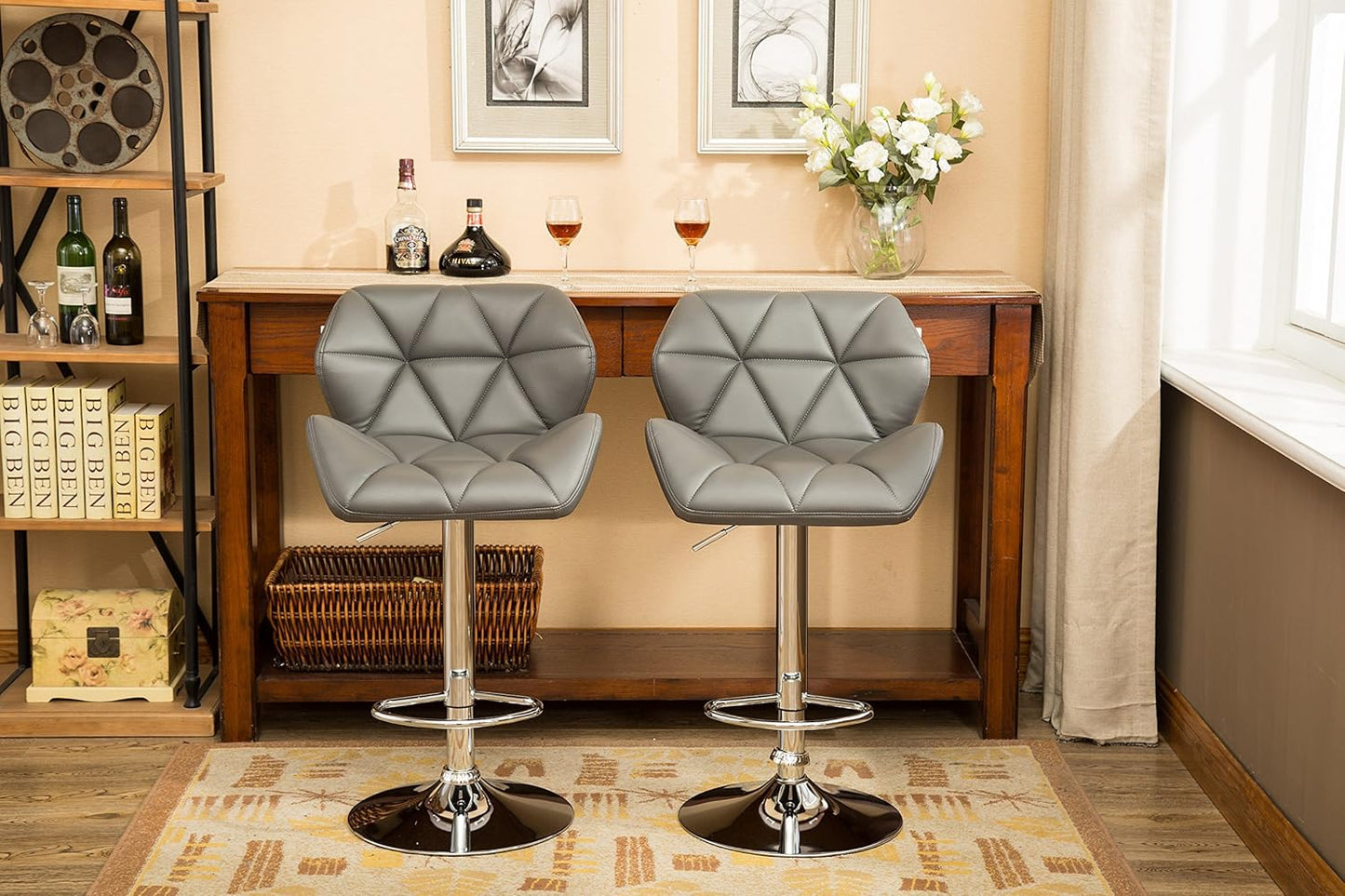 Roundhill Furniture Glasgow Contemporary Tufted Adjustable Height Hydraulic Grey Bar Stools, Set of 2,
