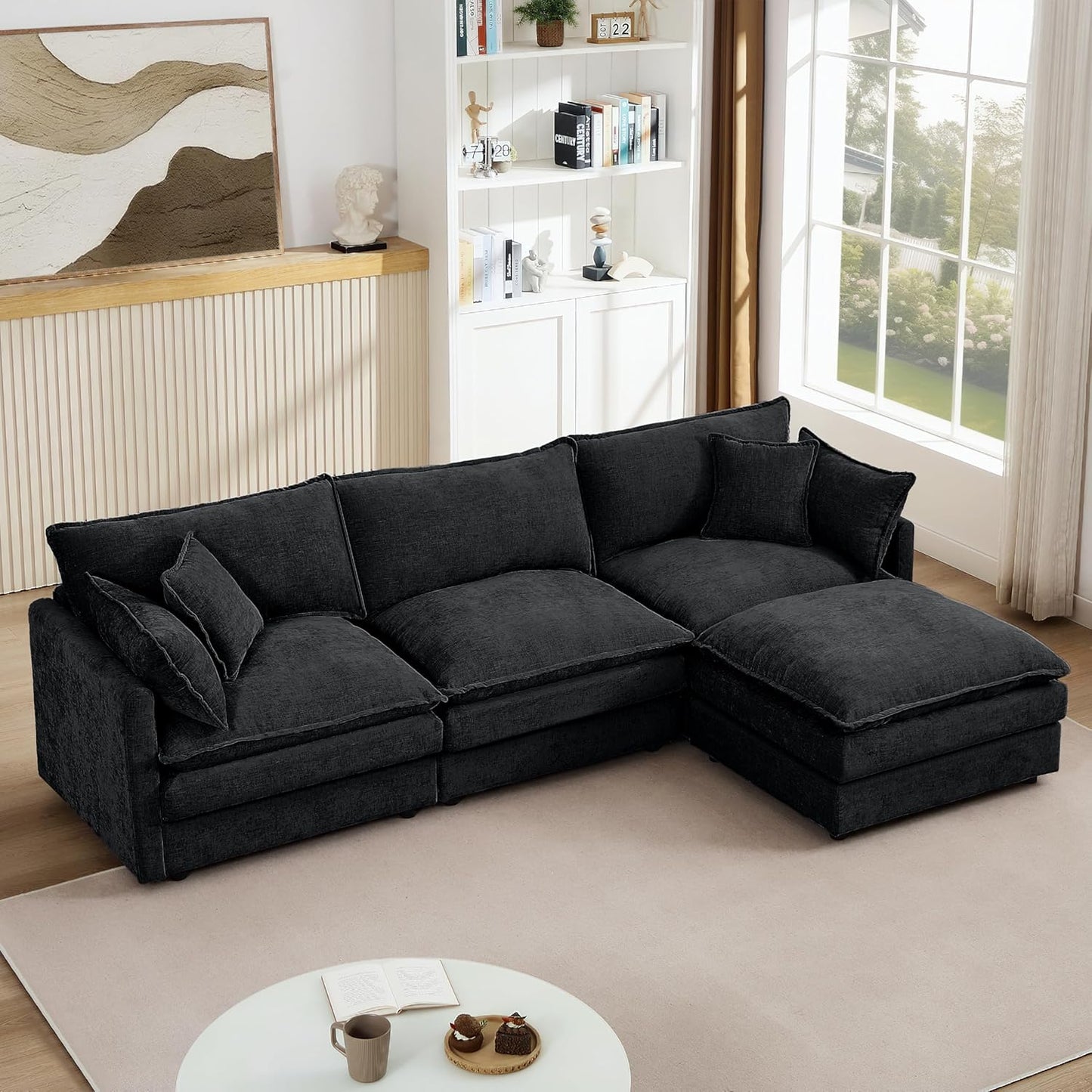 Ball & Cast 3 Seater Modular L Shaped Sectional Sofa with Movable Ottoman and 4 Pillows,Comfy Cloud Couch W/Deep Seat,DIY Combination,Chenille Upholstered Sofa for Living Room,Apartment,Black,105"