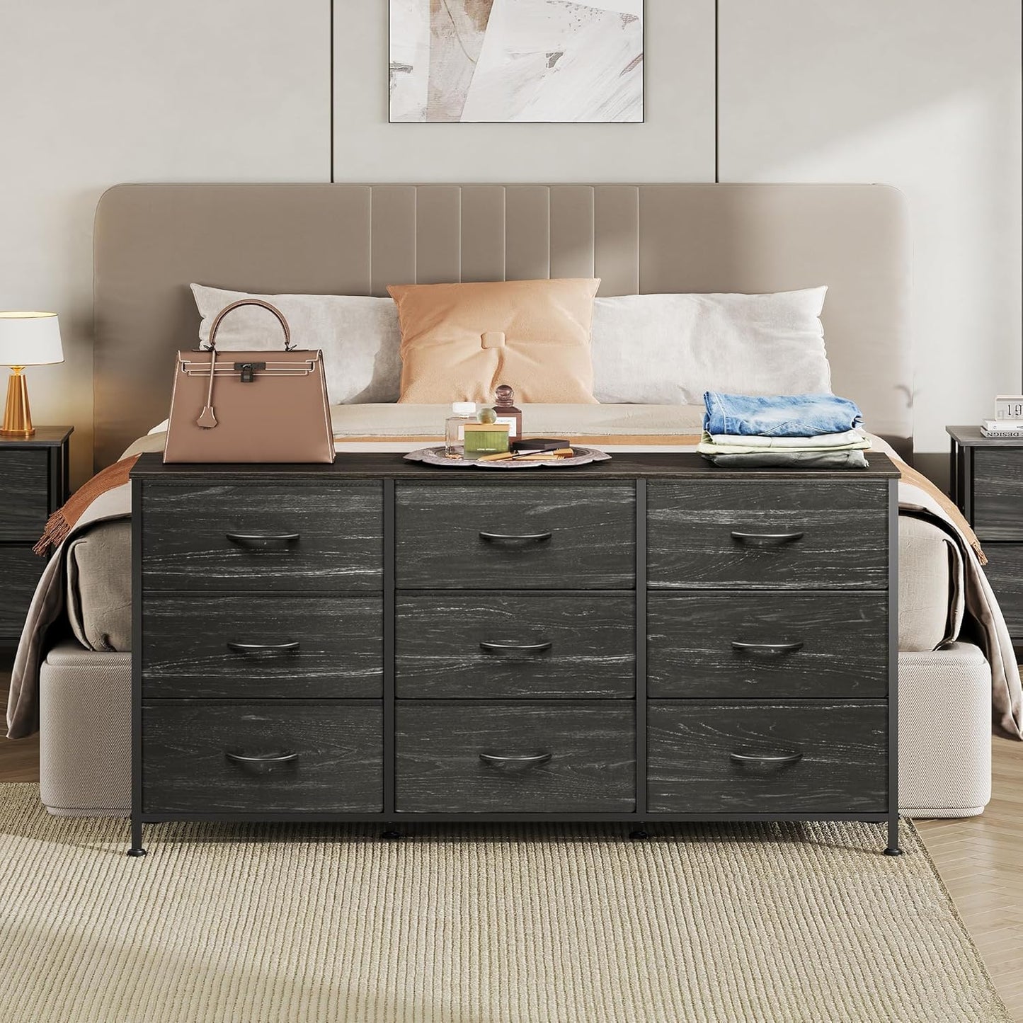 WLIVE 47''W Dresser for Bedroom, Black Dresser TV Stand for 45, 50, 55 inch TV, Wide Chest of Drawers with 9 Drawer, Large Entertainment Center, Fabric Dressers with Wood Top for Closet, Living Room