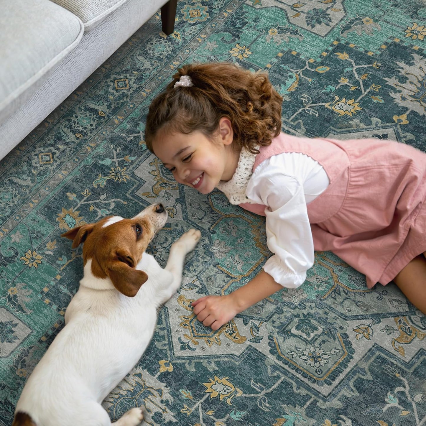 GENIMO 3x5 Area Rugs for Living Room, Machine Washable Non Slip Vintage Rugs, Low Pile Lightweight Chenille Print Rug for Bedroom, Dining Room, Home Office, Dark Green