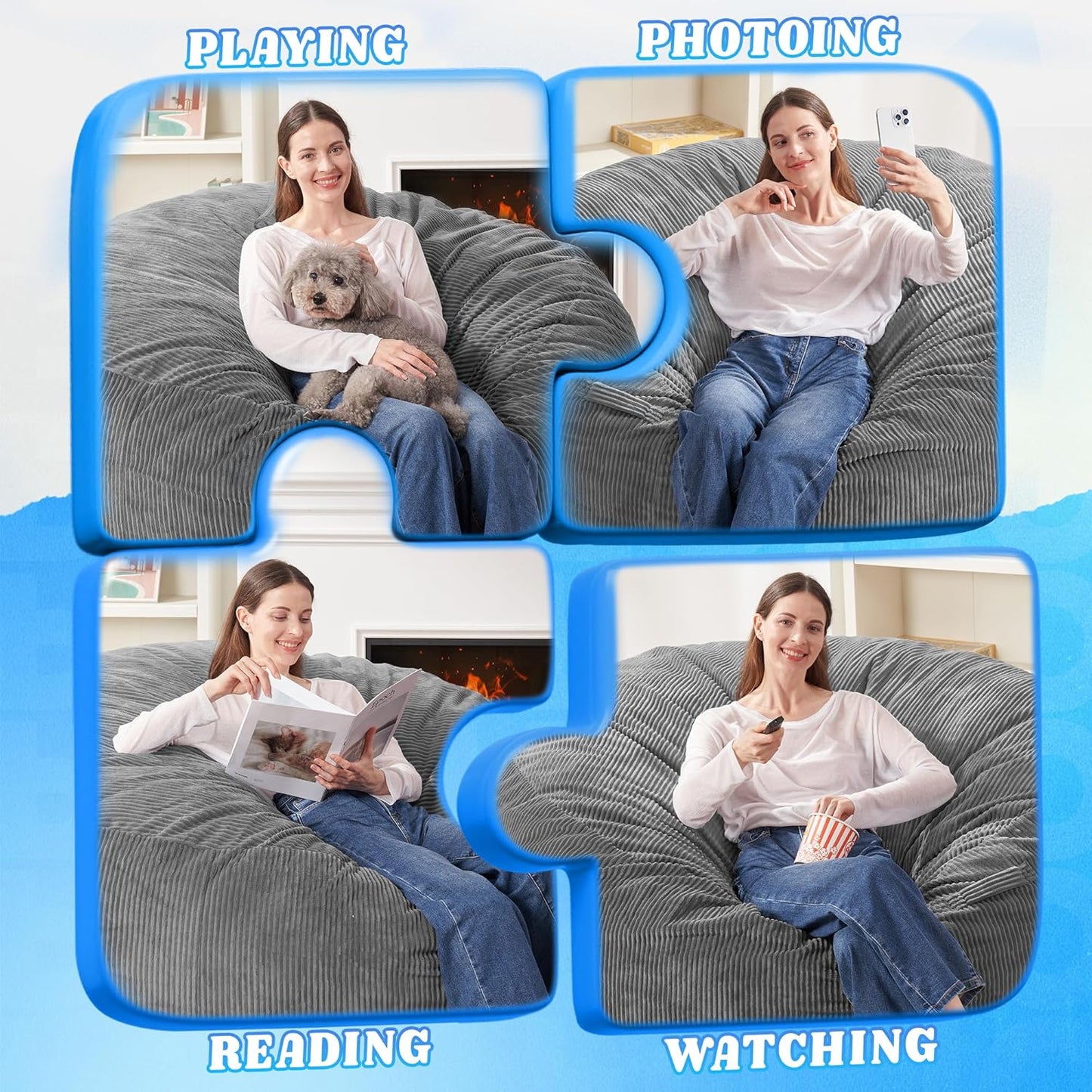 HABUTWAY 6FT Bean Bag Chair,Giant Bean Bag Chairs for Adults,Big Bean Bags with Memory Foam Filled, Large Beanbag Chairs with Soft Corduroy Cover-Grey