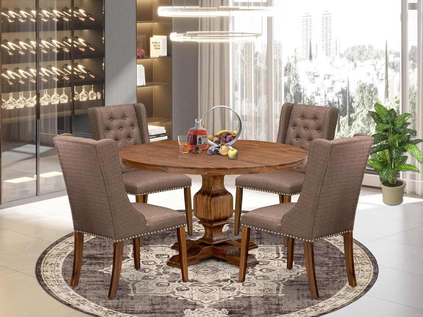 I3FO5-50N-18 - 5-Pc Mid Century Dining Set Consist of A Mid Century Table and 4 Brown Polyester Fabric Chairs with Button Tufted Back, Antique Walnut