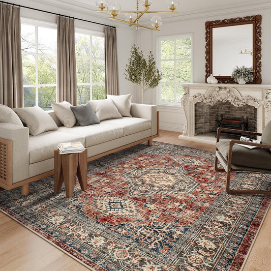 Lahome Oriental Washable Rugs 8x10, Non-Slip Soft 8x10 Rugs for Living Room Bedroom, Stain Resistant Ultra-Thin Vintage Accent Carpet for Dining Room Office, Brick Red