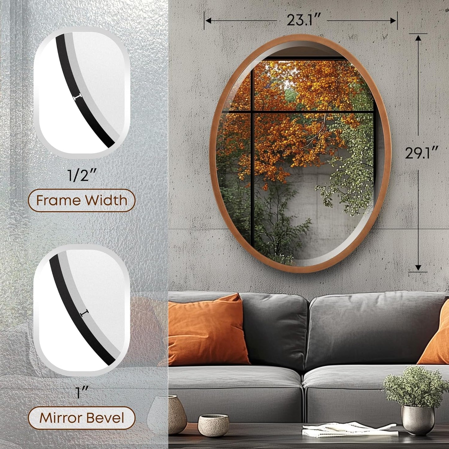 OVALCREST - Oval Wooden Beveled Wall Mirror for Home Decor, Bathroom, Vanity, Bedroom, Living Room, Hallway - London Style (Sunset Gold) 23.1 x 29.1