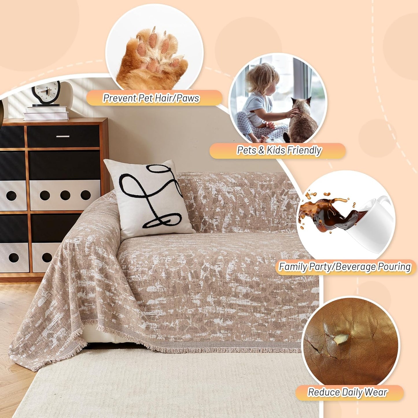 MYSKY HOME Couch Covers for 3 Cushion Couch Sofa, Chenille L Shape Sectional Couch Cover - Pet-Friendly, Machine Washable, Non-Slip Sofa Protector for Dogs, Kids, 71"x118", Khaki Blur Mottling