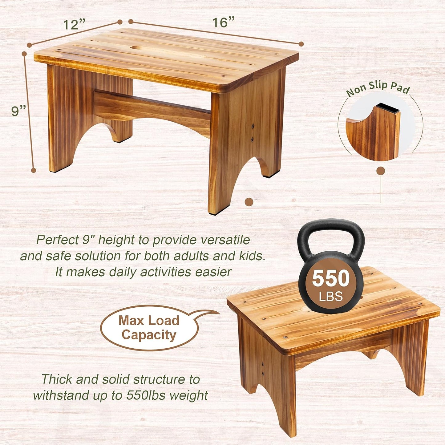 Wooden Step Stool for Adults, 9" Portable Wood Step Stool for Kids, Heavy Duty One Step Bedside Stool with 550 Lbs Load Capacity, Non-Slip White Foot Stool for Kitchen Bathroom Bedroom