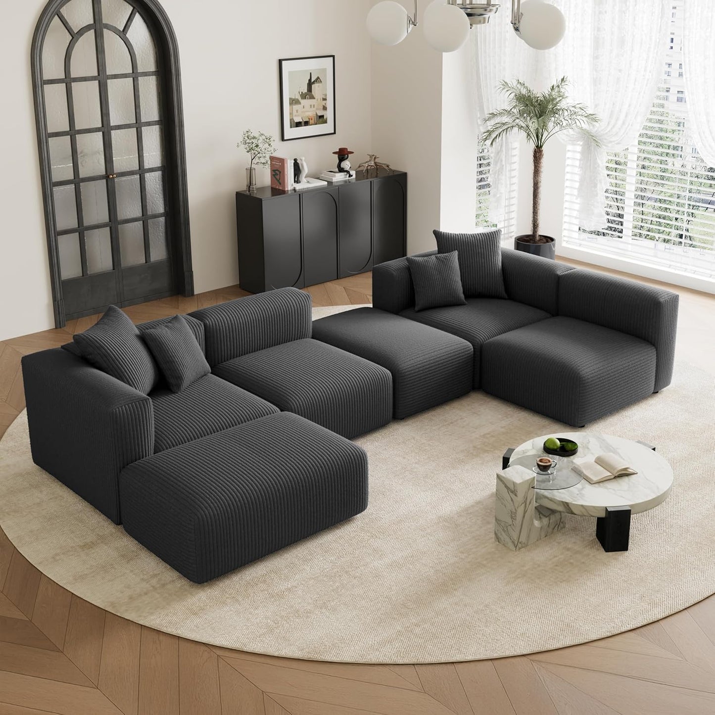 Acanva Convertible Modular Sectional Sofa with Movable Ottomans, Free Combination Corduroy Couch for Living Room Apartments, U-Shaped, Black