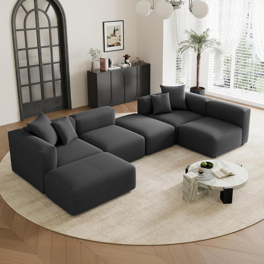 Acanva Convertible Modular Sectional Sofa with Movable Ottomans, Free Combination Corduroy Couch for Living Room Apartments, U-Shaped, Black