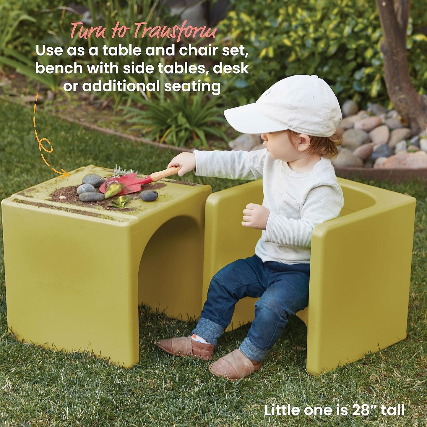 ECR4Kids Tri-Me Table and Cube Chair Set, Multipurpose Furniture, Fern Green, 3-Piece