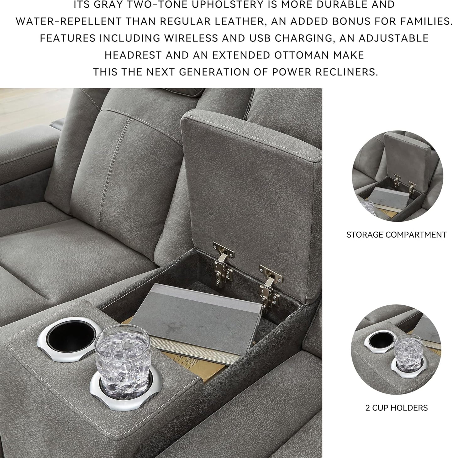 Signature Design by Ashley Next-Gen DuraPella Modern Faux Leather Power Reclining Loveseat with Console & Adjustable Headrest, Gray