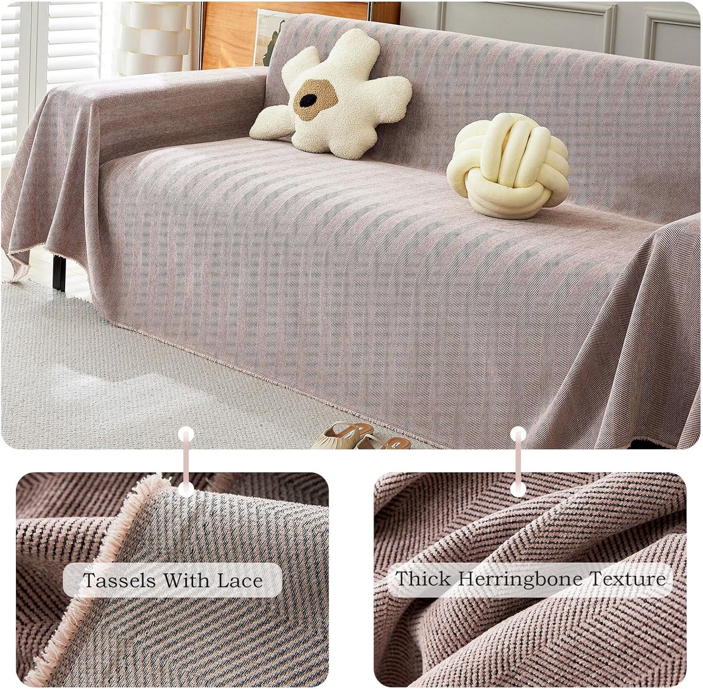 STACYPIK Solid Pink Sofa Cover for Pets Dogs, Cooling Chenille Herringbone Couch Cover for Sectional, Washable Pet Slipcover for 3 Cushion Couch, Anti-Slip Stain-Resistant Furniture Protector-71X134IN